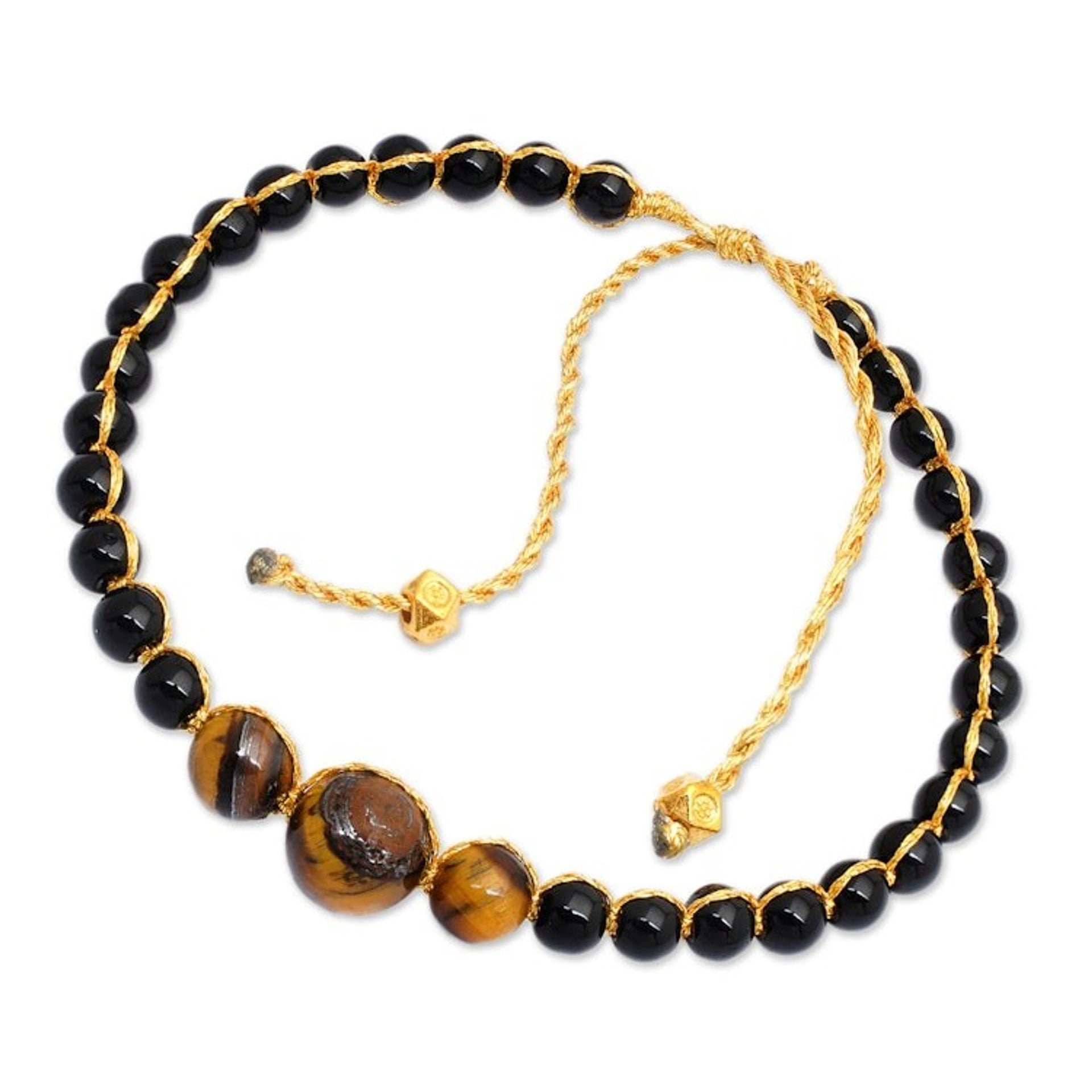 Adjustable Onyx and Tiger's Eye Beaded Bracelet from Bali 'Power of Earth'