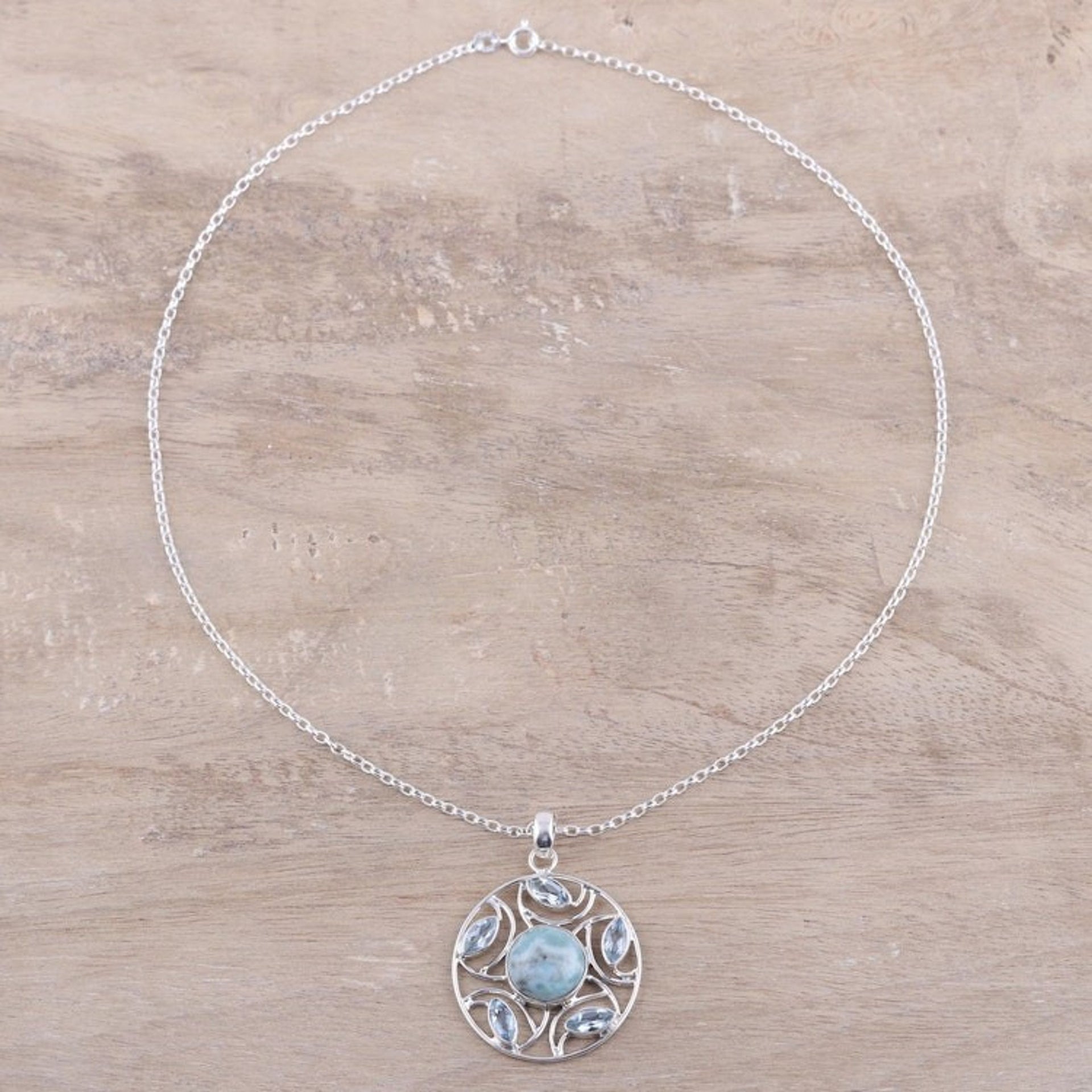 Sterling Silver Larimar Blue Topaz Round Pendant Necklace 'Blue Wheel'