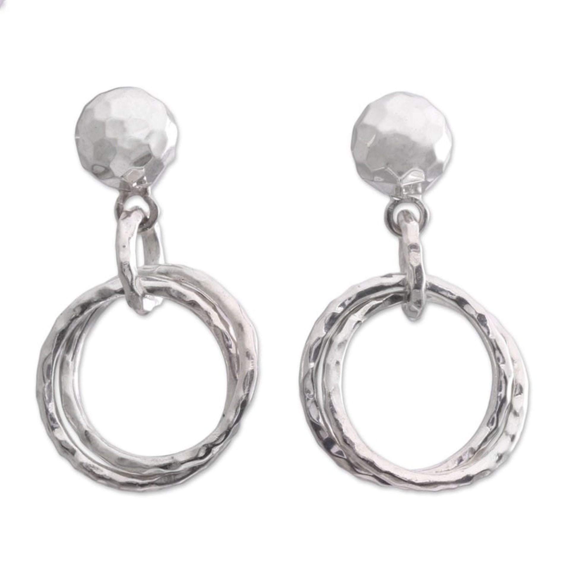 Circular Sterling Silver Dangle Earrings from Bali 'Glistening Hoops'
