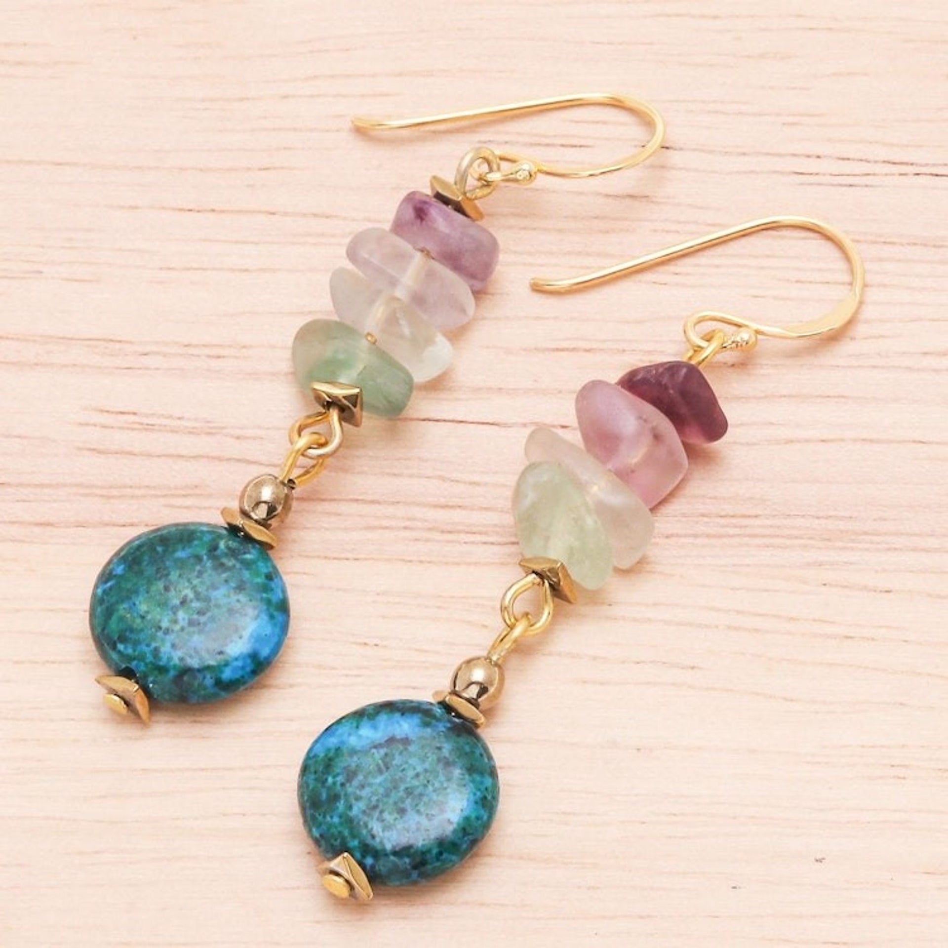 Hand Made Gold-Plated Multi-Gemstone Dangle Earrings 'Venus Garden'