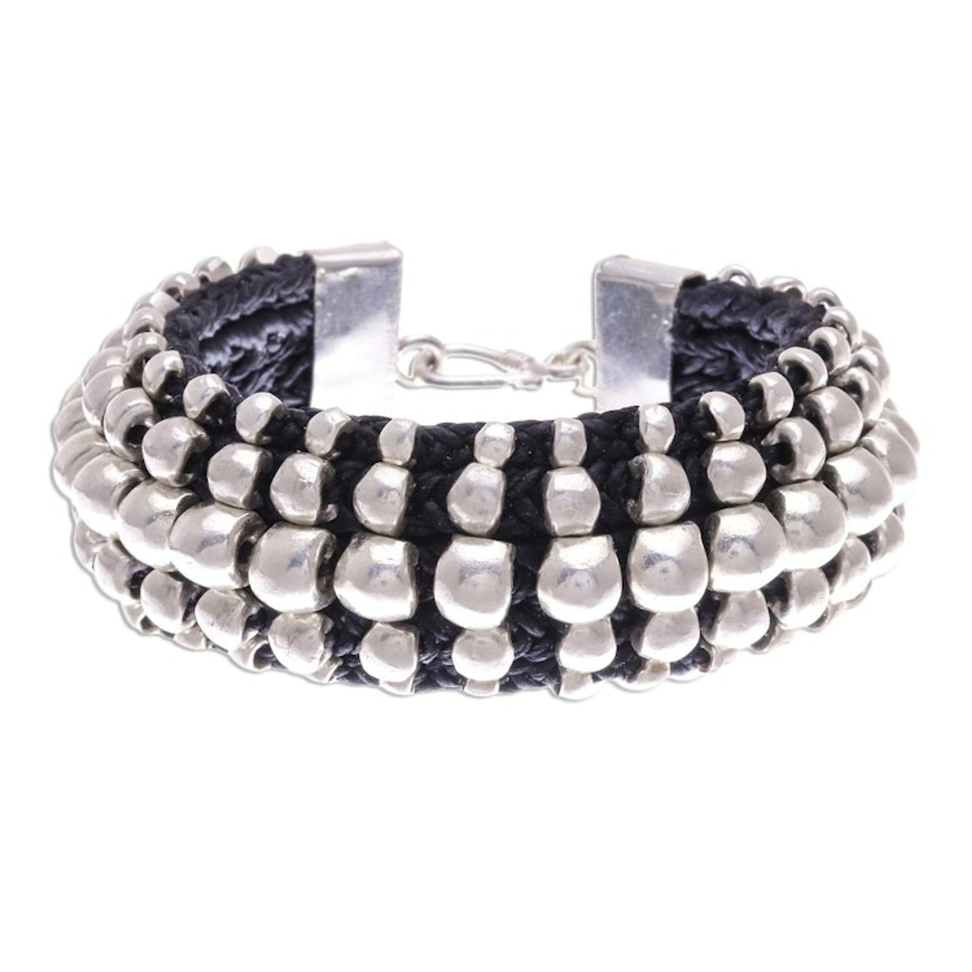 Black Cord Bracelet with 950 SIlver Beads 'Black Karen'