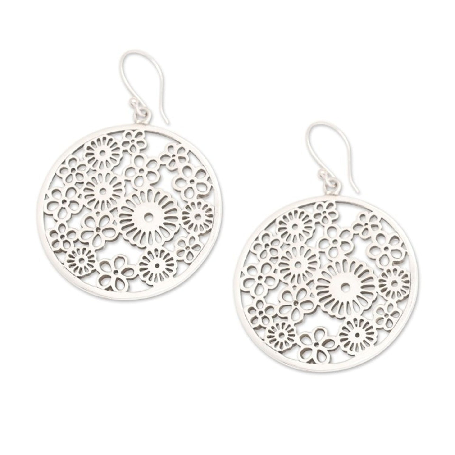 Polished Round Sunflower Sterling Silver Dangle Earrings 'Radiant Round Summer'