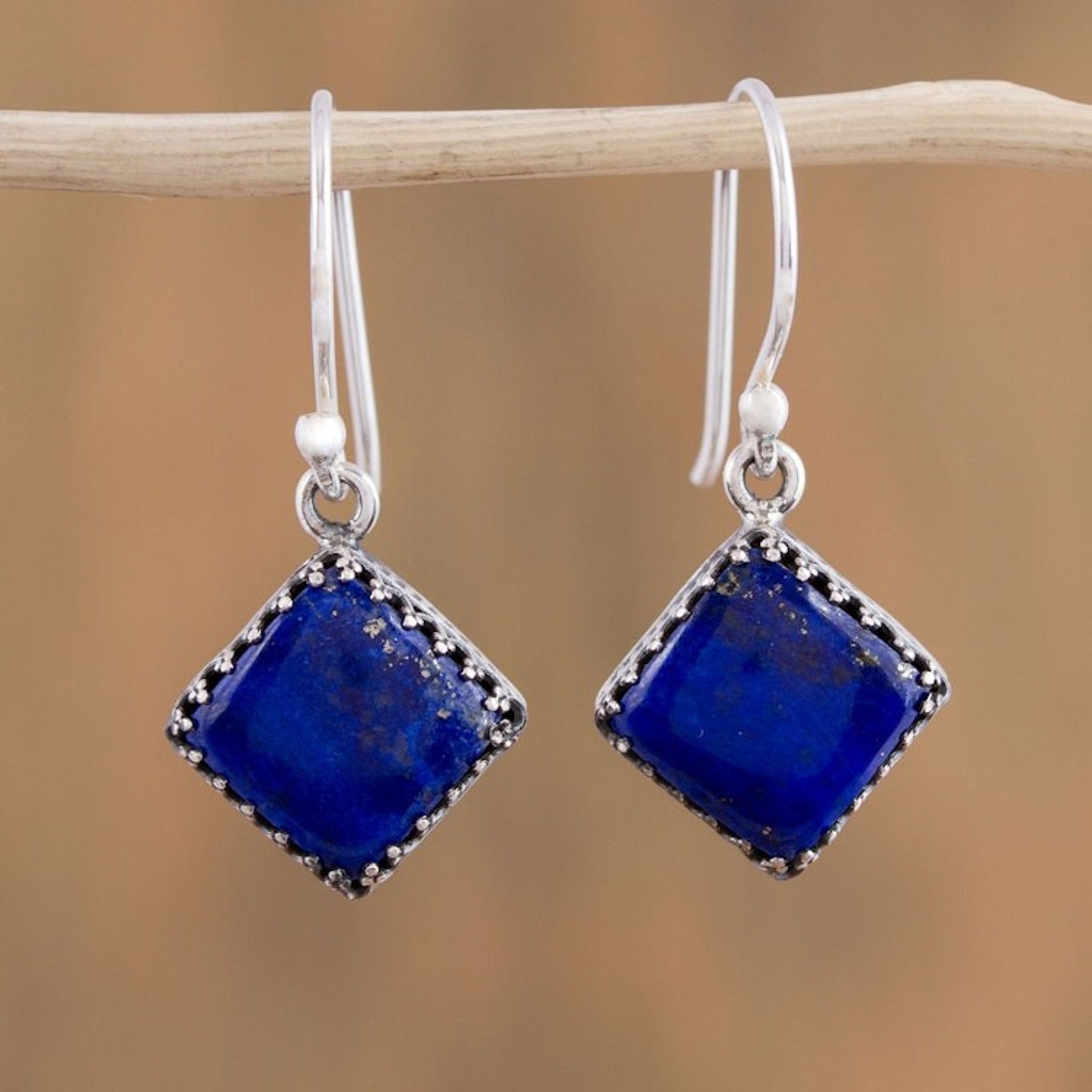 Square Lapis Lazuli Dangle Earrings from Mexico 'Blue Crowns'