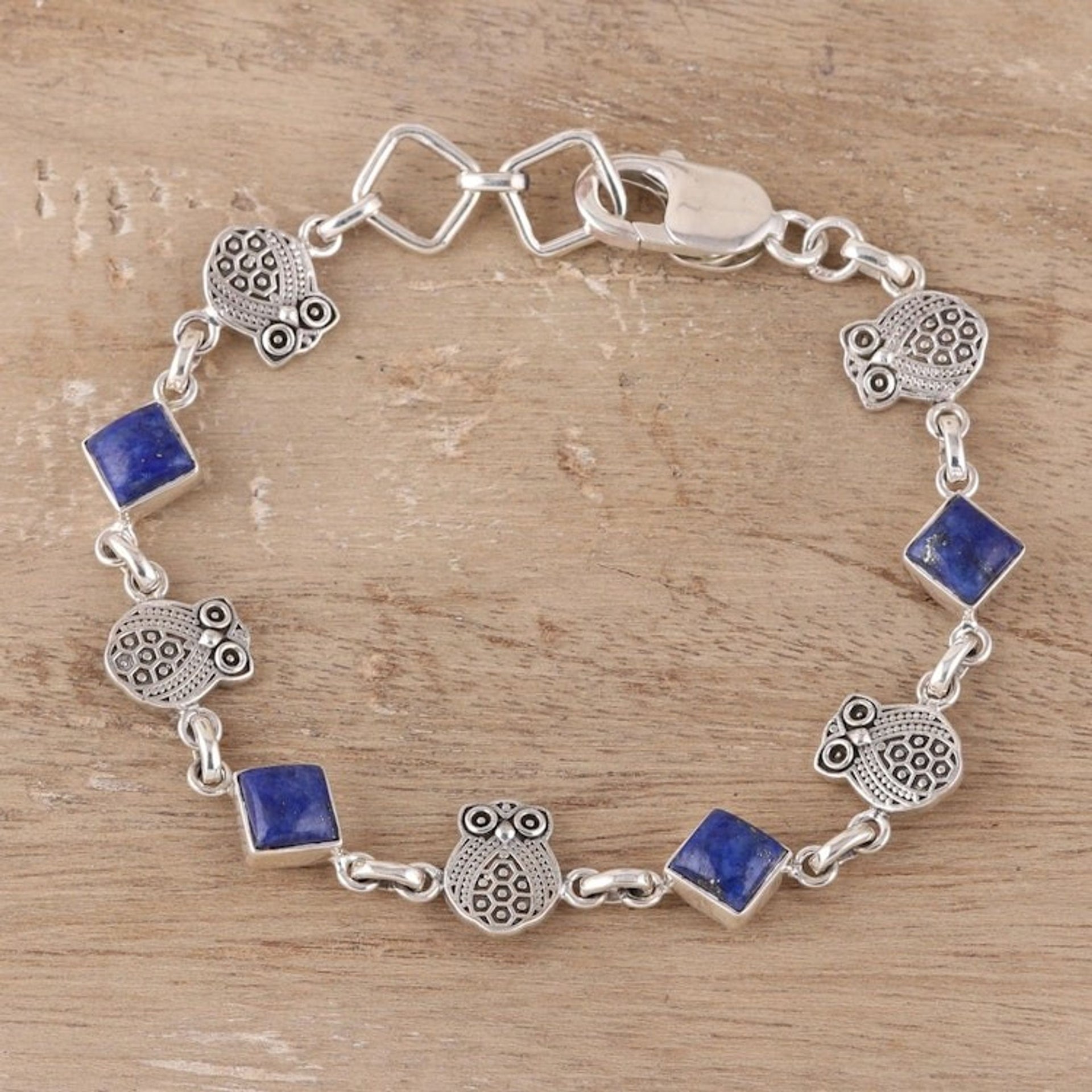 Lapis Lazuli Owl Link Bracelet from India 'Royal Owls'