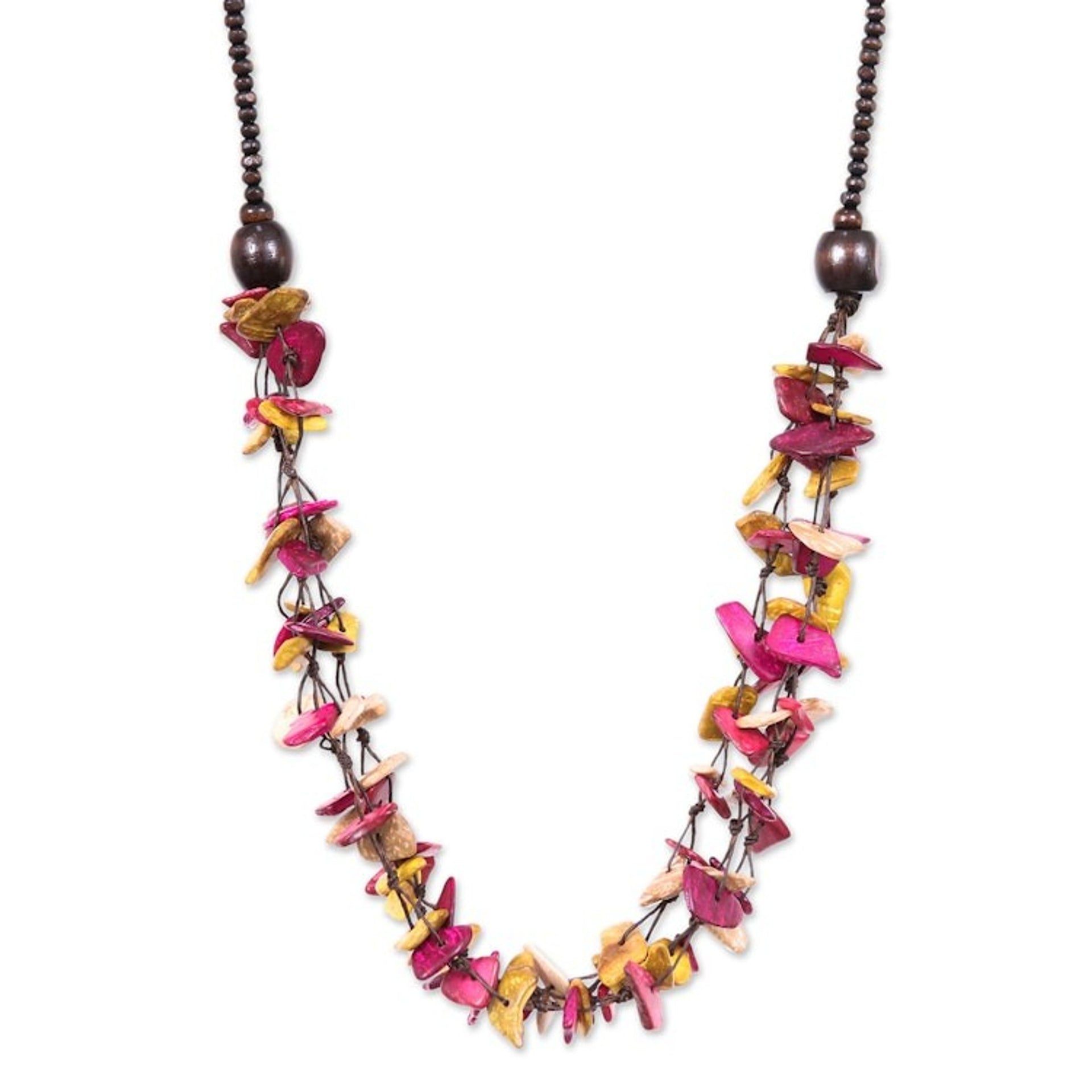 Hand-Painted Fuchsia and Yellow Beaded Three-Strand Necklace 'Fragments of Sweetness'