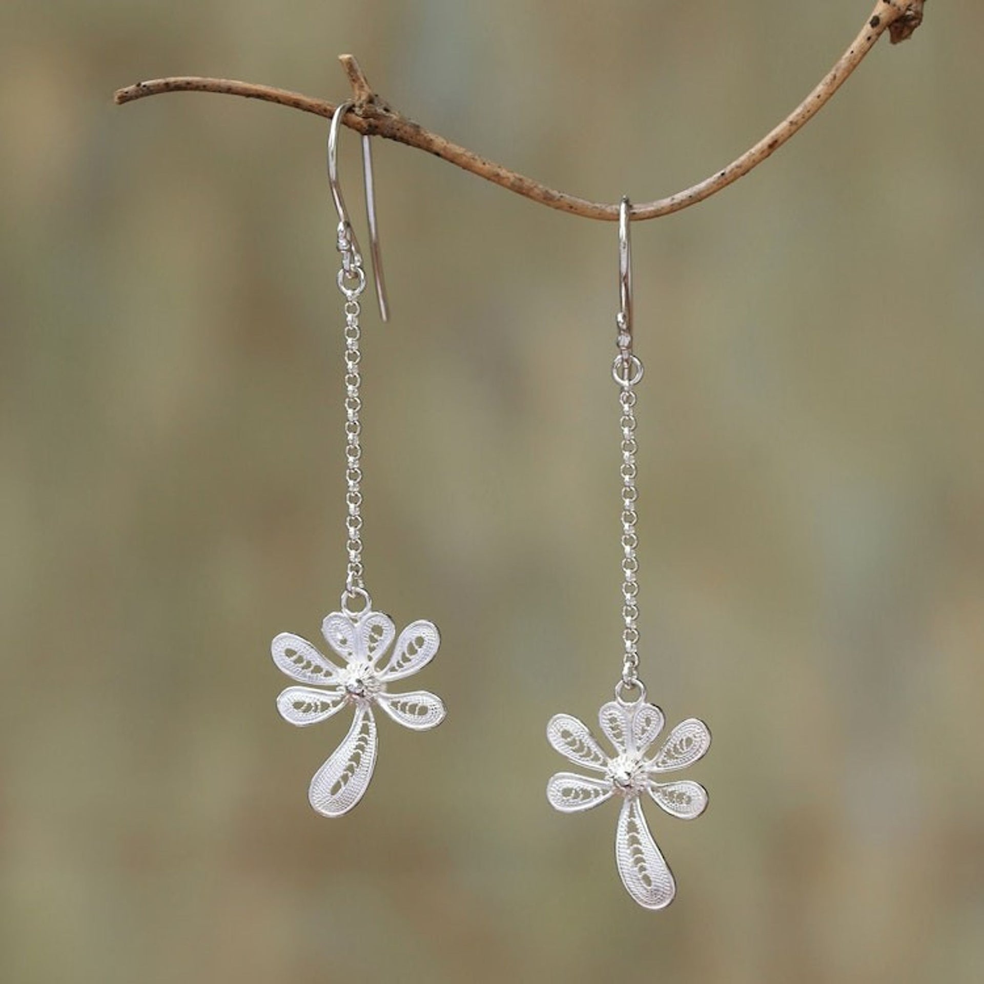 Sterling Silver Filigree Dangle Earrings Crafted in Java 'Wondrous Kinjeng'