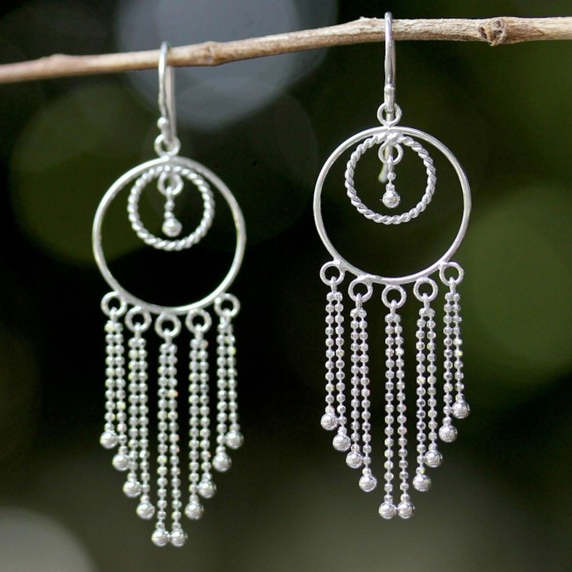 Thai Artisan Jewelry Sterling Silver Chandelier Earrings 'Dream Protectors'