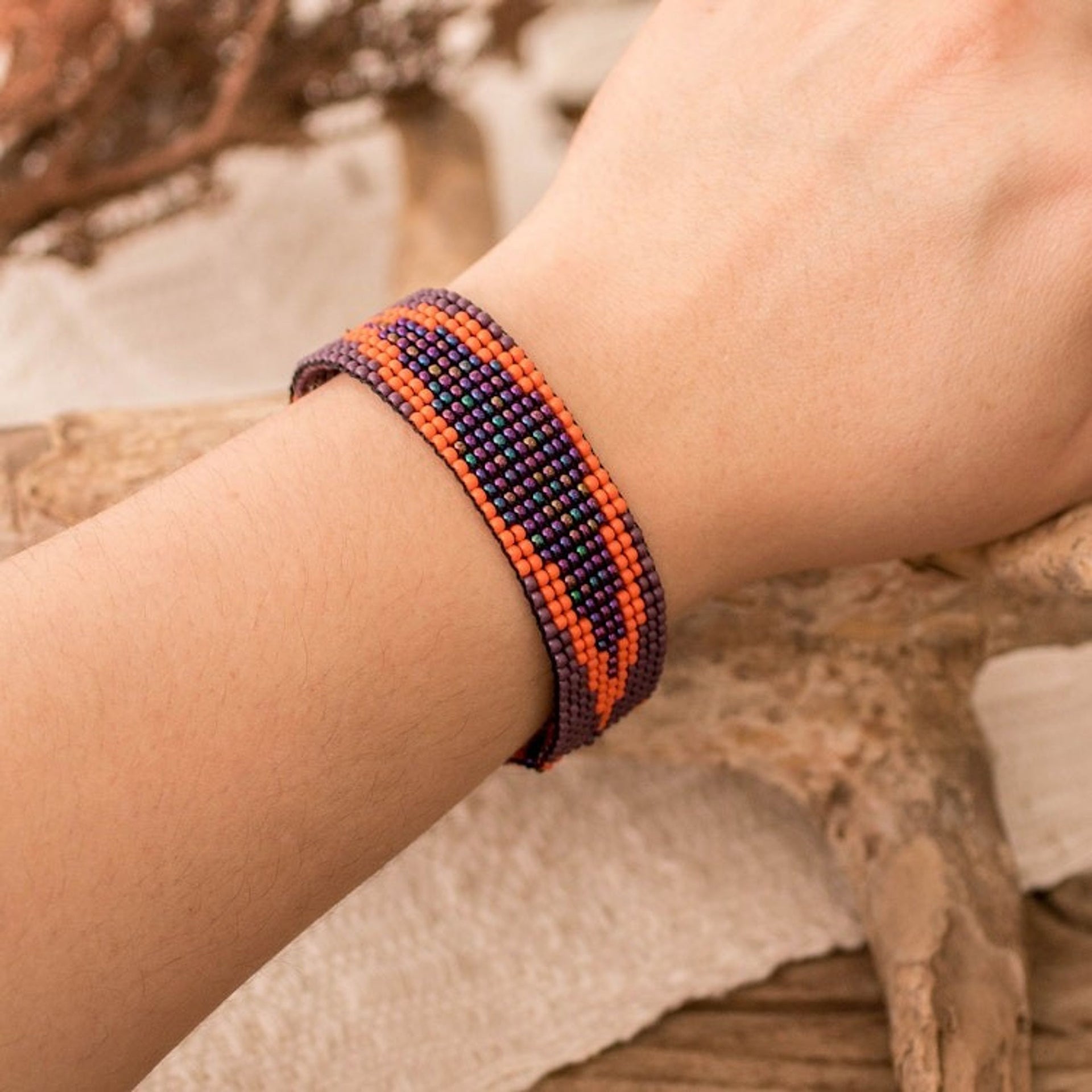 Guatemalan Purple and Orange Glass Beaded Wristband Bracelet 'Stylish Harmony'