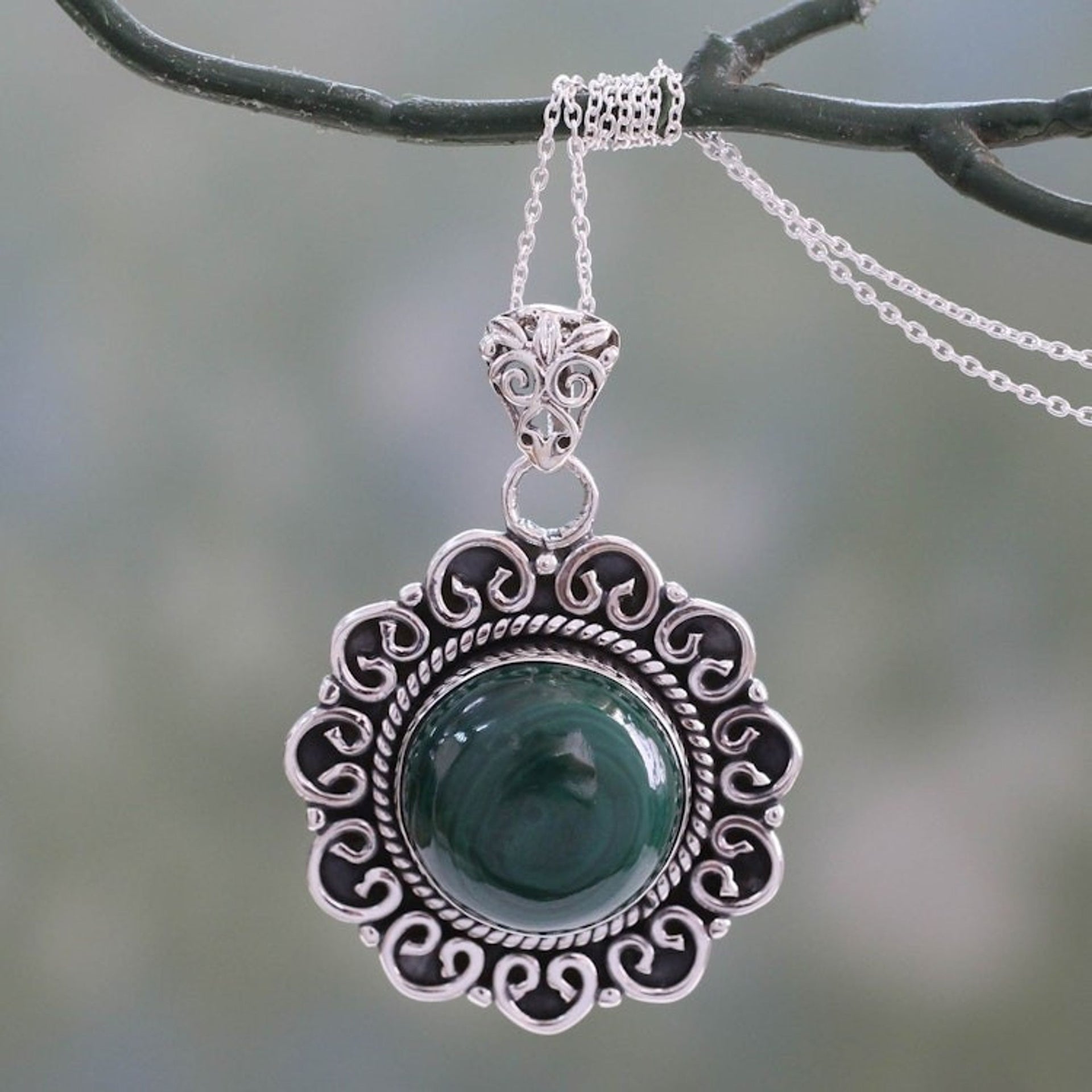 Natural Malachite Pendant Necklace in 925 Sterling SIlver 'Forest Reverie'