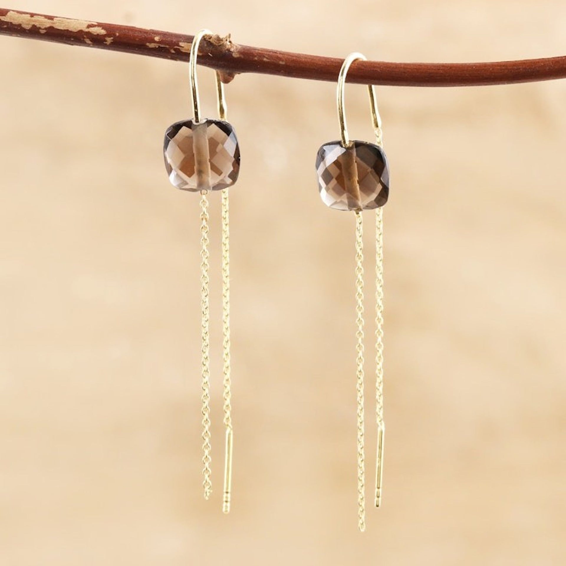 Gold-Plated Smoky Quartz Threader Earrings 'Stylish Earth'