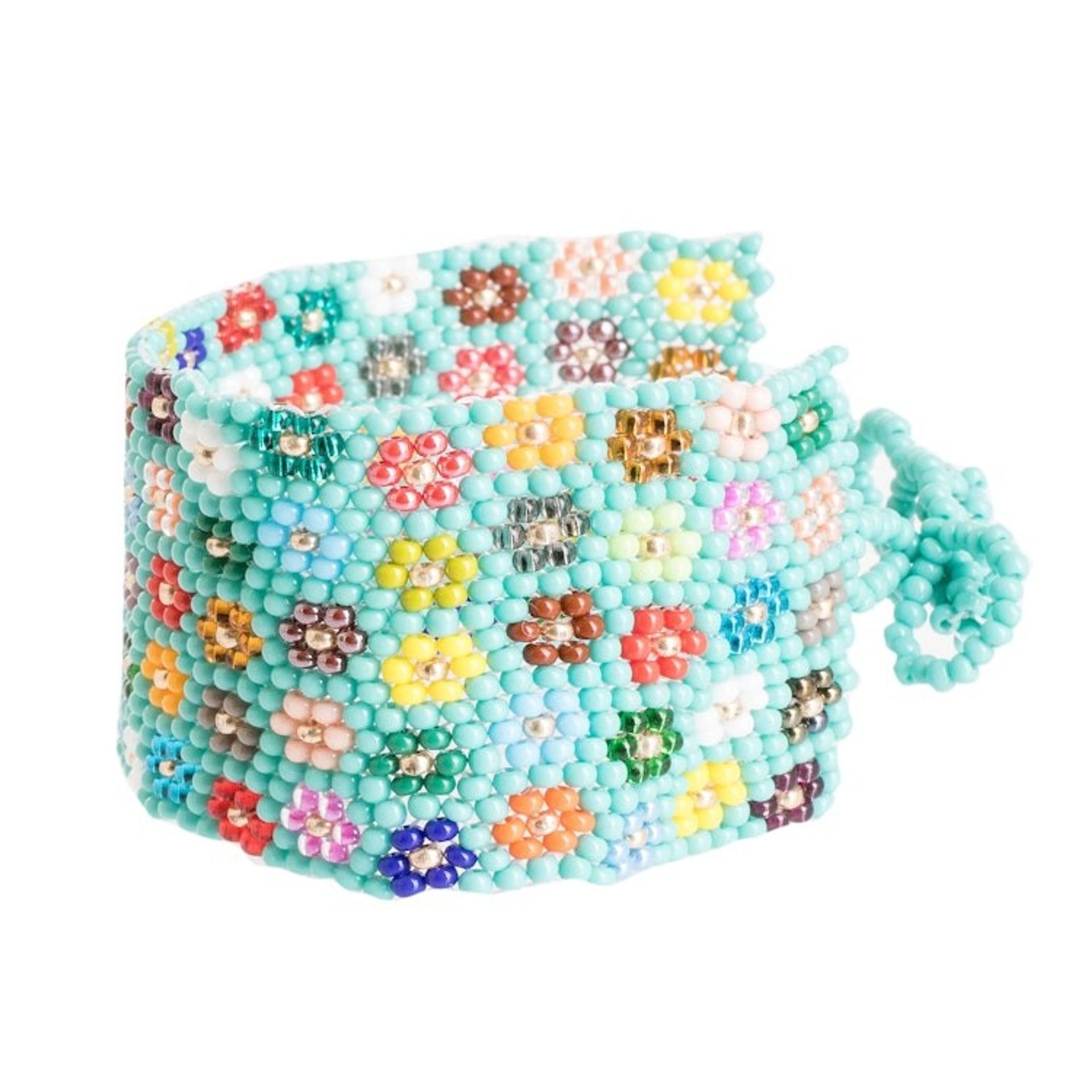 Handcrafted Floral Glass Beaded Wristband Bracelet in Green 'Cool Blossoming Harmony'