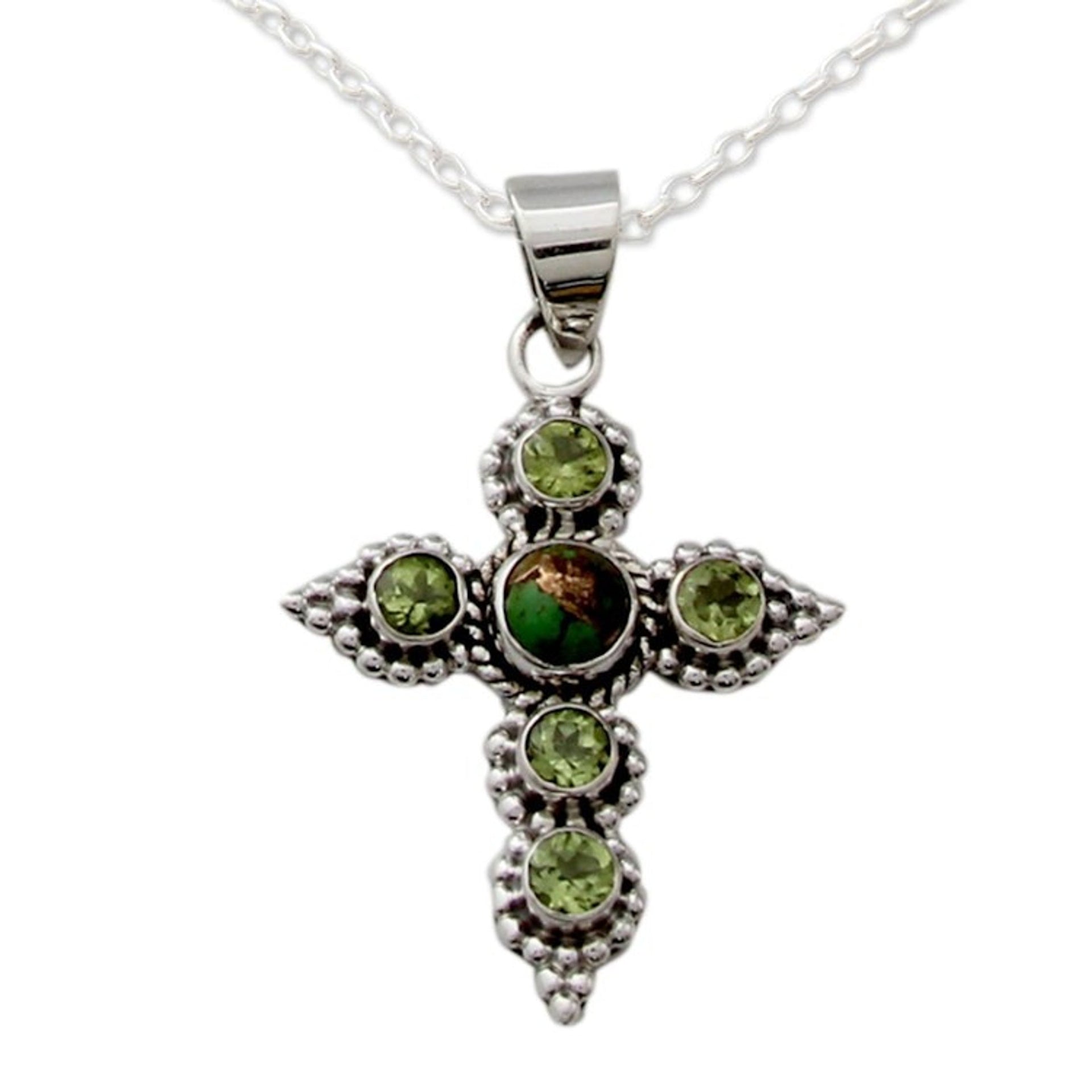 Artisan Crafted Peridot and Sterling Silver Cross Necklace 'Divine Harmony'