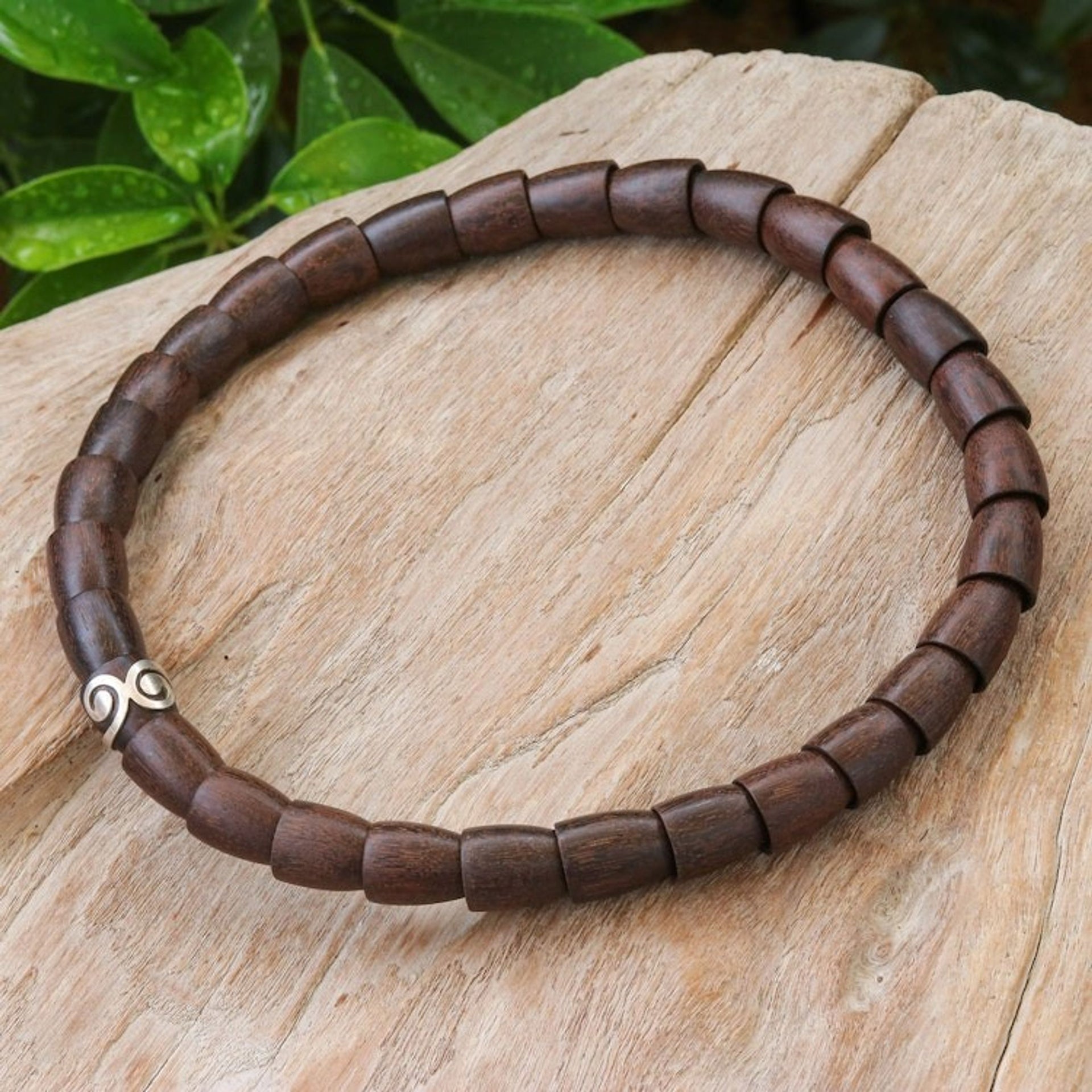 Dark Wood and Sterling Silver Beaded Stretch Necklace 'Dark Spiral Bangle'