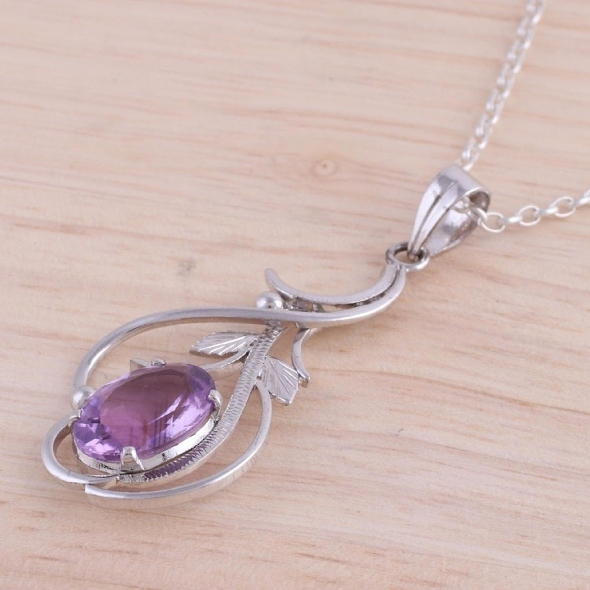 Rhodium Plated Amethyst Pendant Necklace from India 'Wisteria Vines'