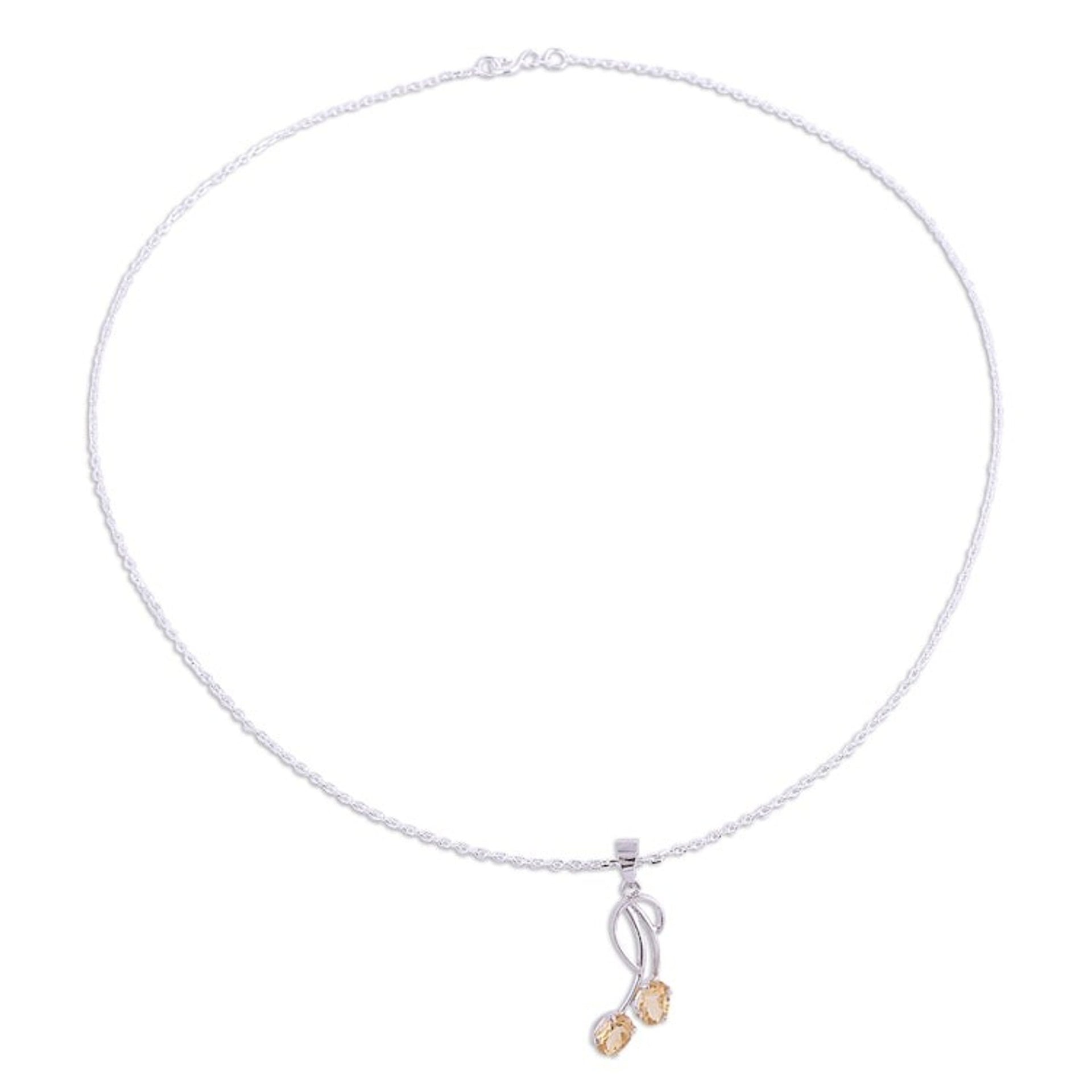 Citrine and Rhodium Plated Sterling Silver Pendant Necklace 'Curve'