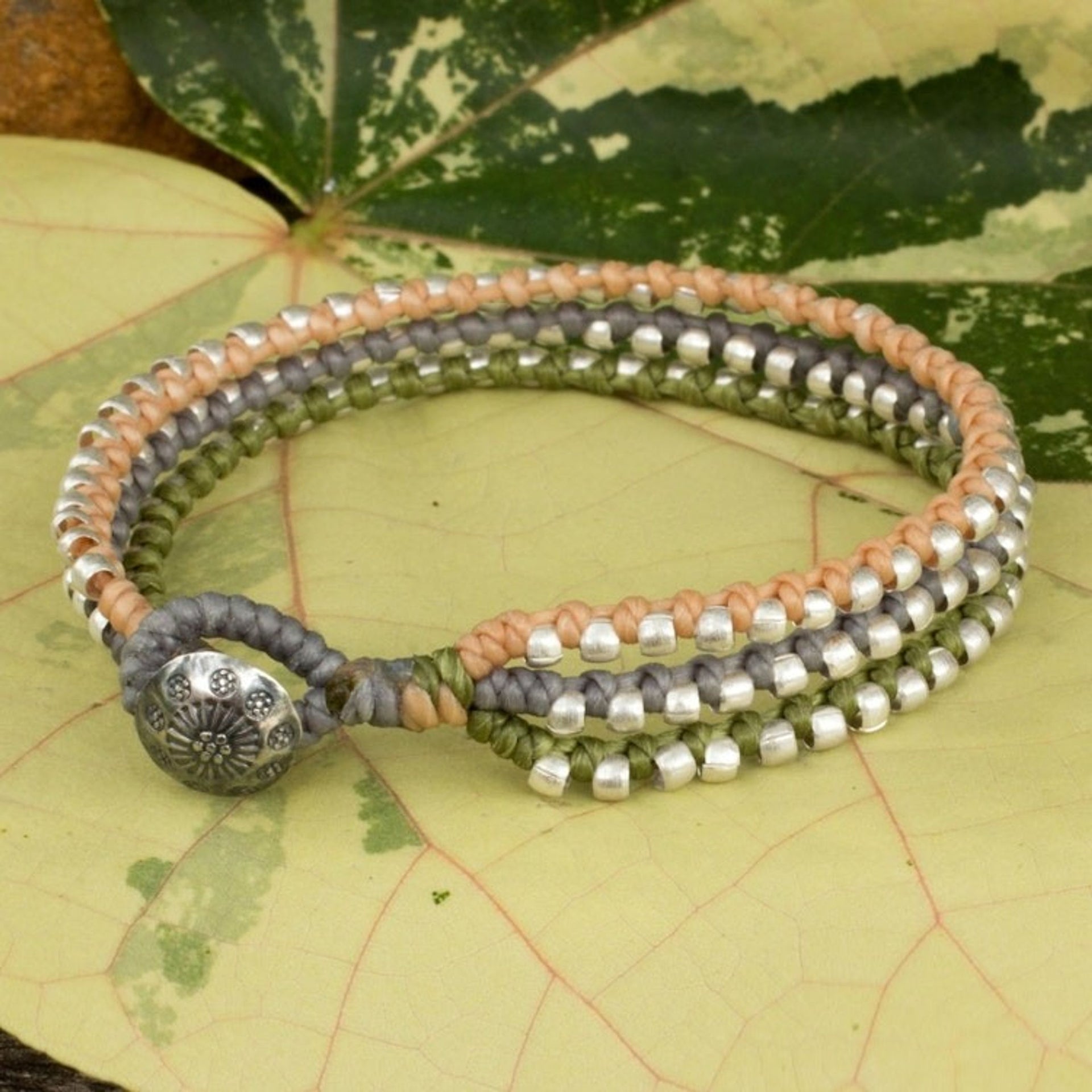 Hill Tribe Jewelry Bracelet in Peach Gray and Green 'Pastel Siam Melody'