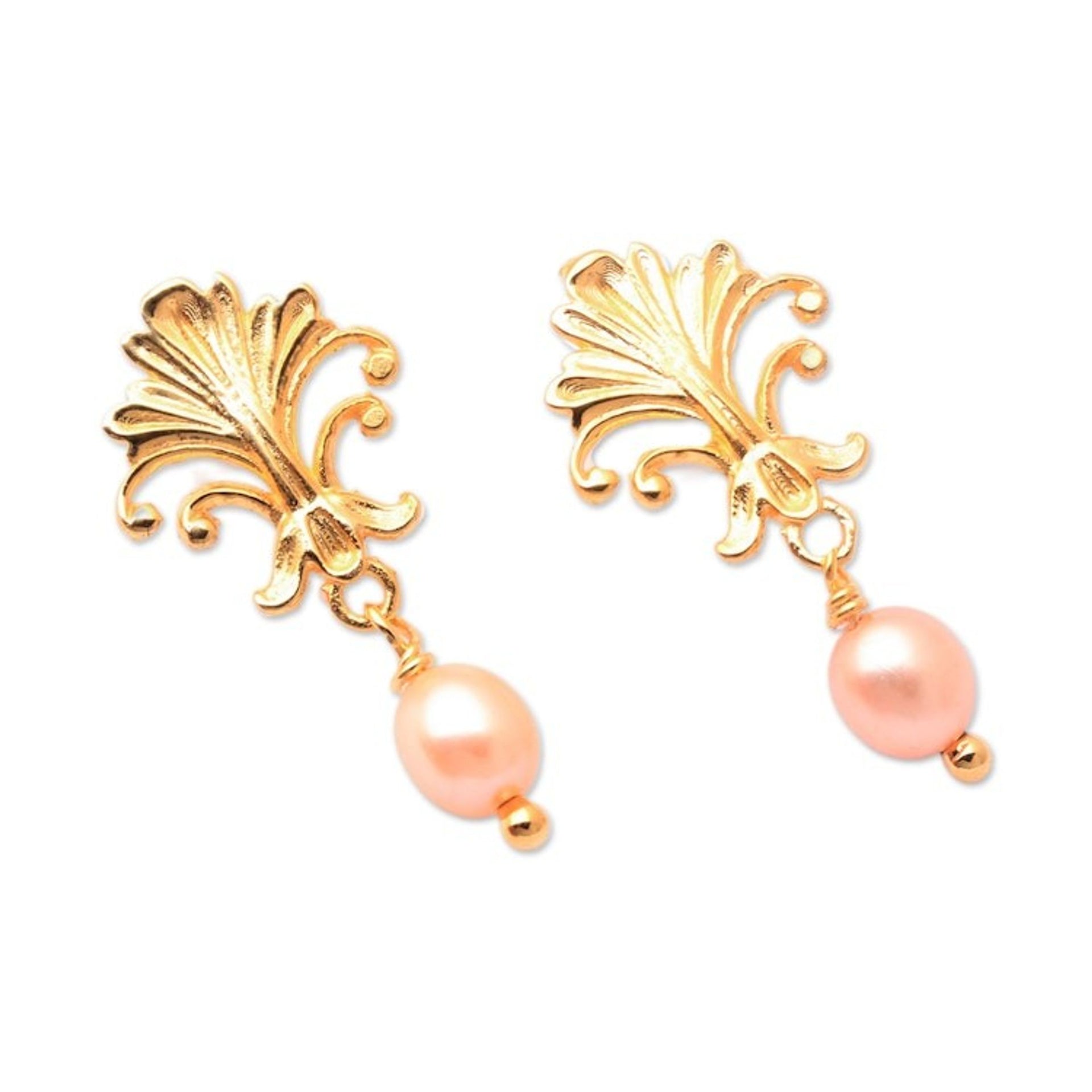 Baroque-Inspired 18k Gold-Plated Peach Pearl Dangle Earrings 'Romantic Tree'