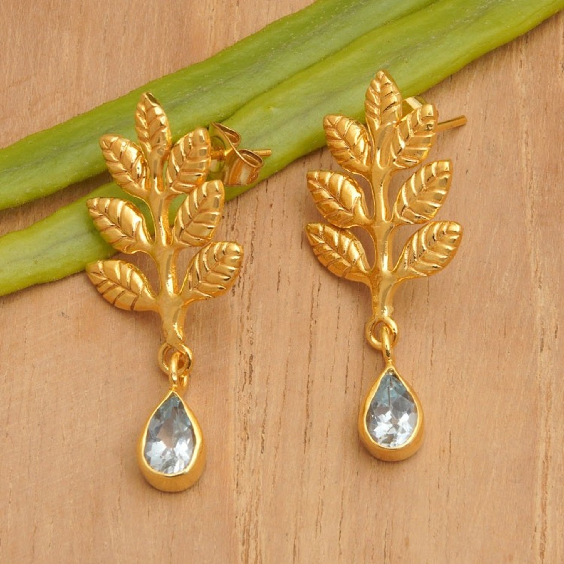 22k Gold-Plated Leafy Dangle Earrings with Blue Topaz Gems 'Thriving Blue'