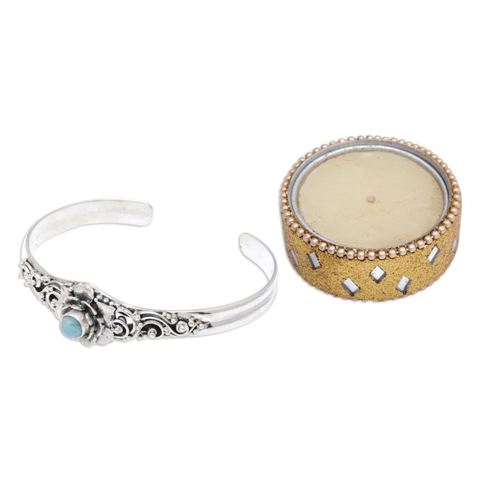 Larimar Sterling Silver Floral-Themed Cuff Bracelet 'Flower of Eternity'