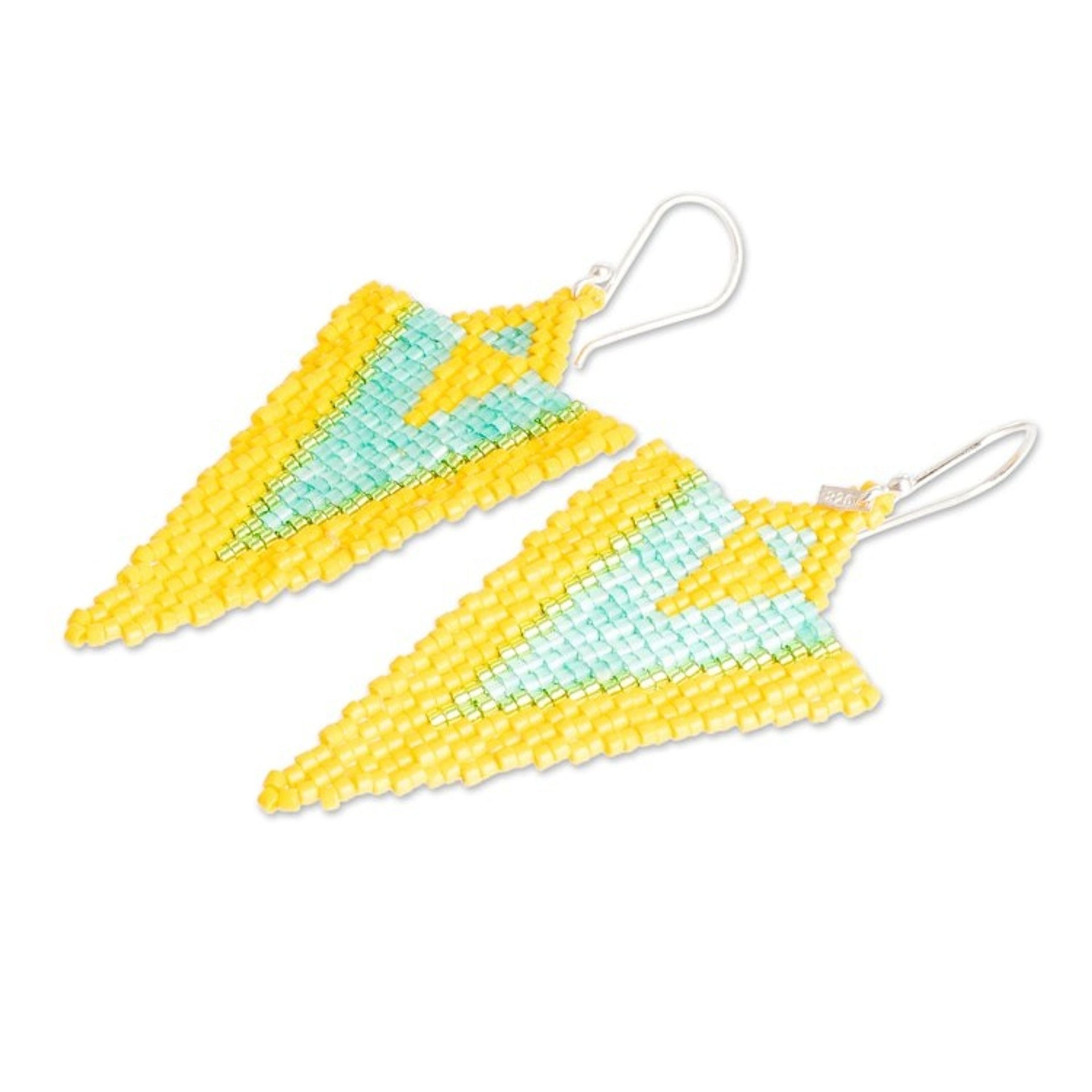 Handcrafted Triangular Yellow and Aqua Dangle Earrings 'Yellow Aqua Directions'