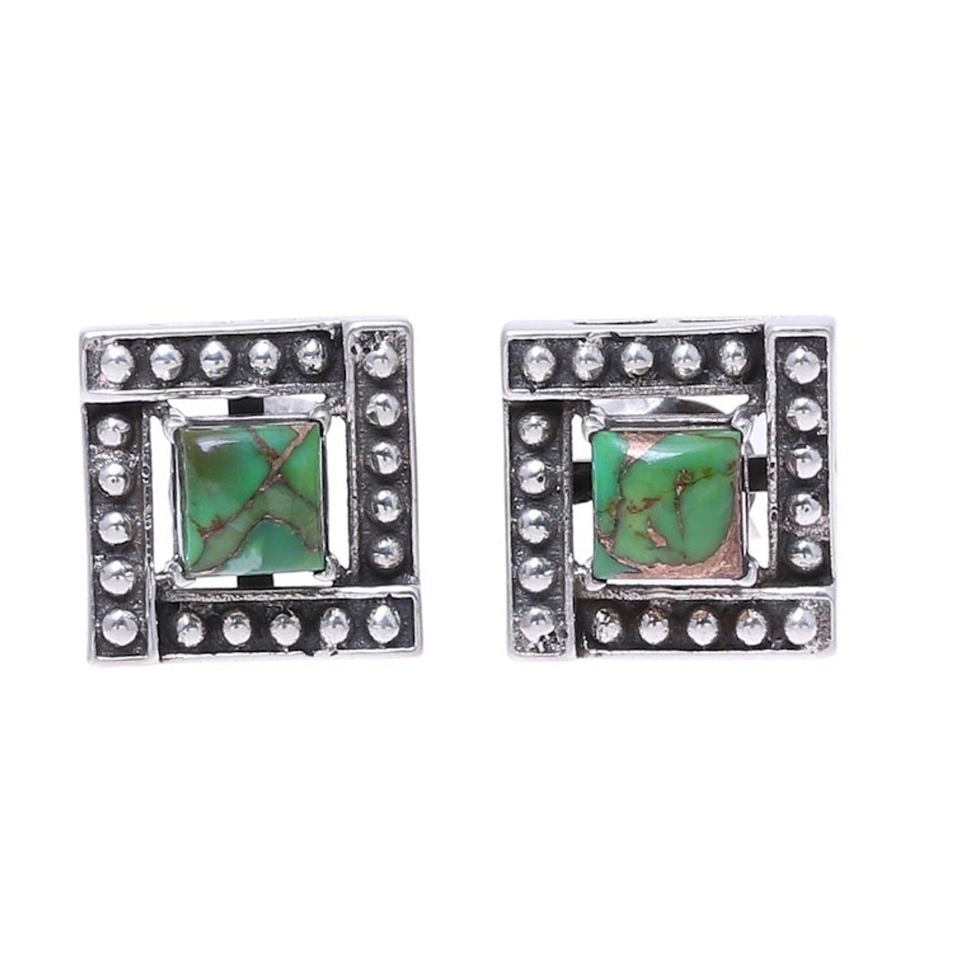 Square Green Composite Turquoise Stud Earrings from India 'Beautiful Windows in Green'