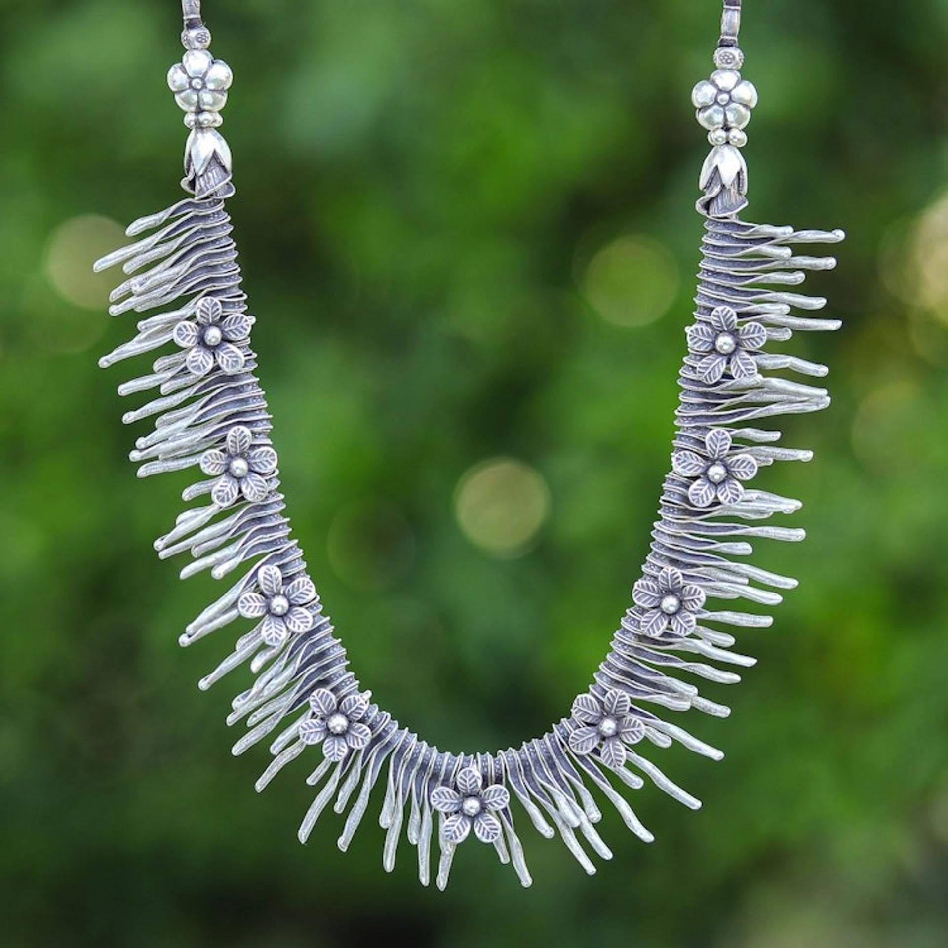 Spring-Themed Oxidized Sterling Silver Waterfall Necklace 'Blooming Cascade'