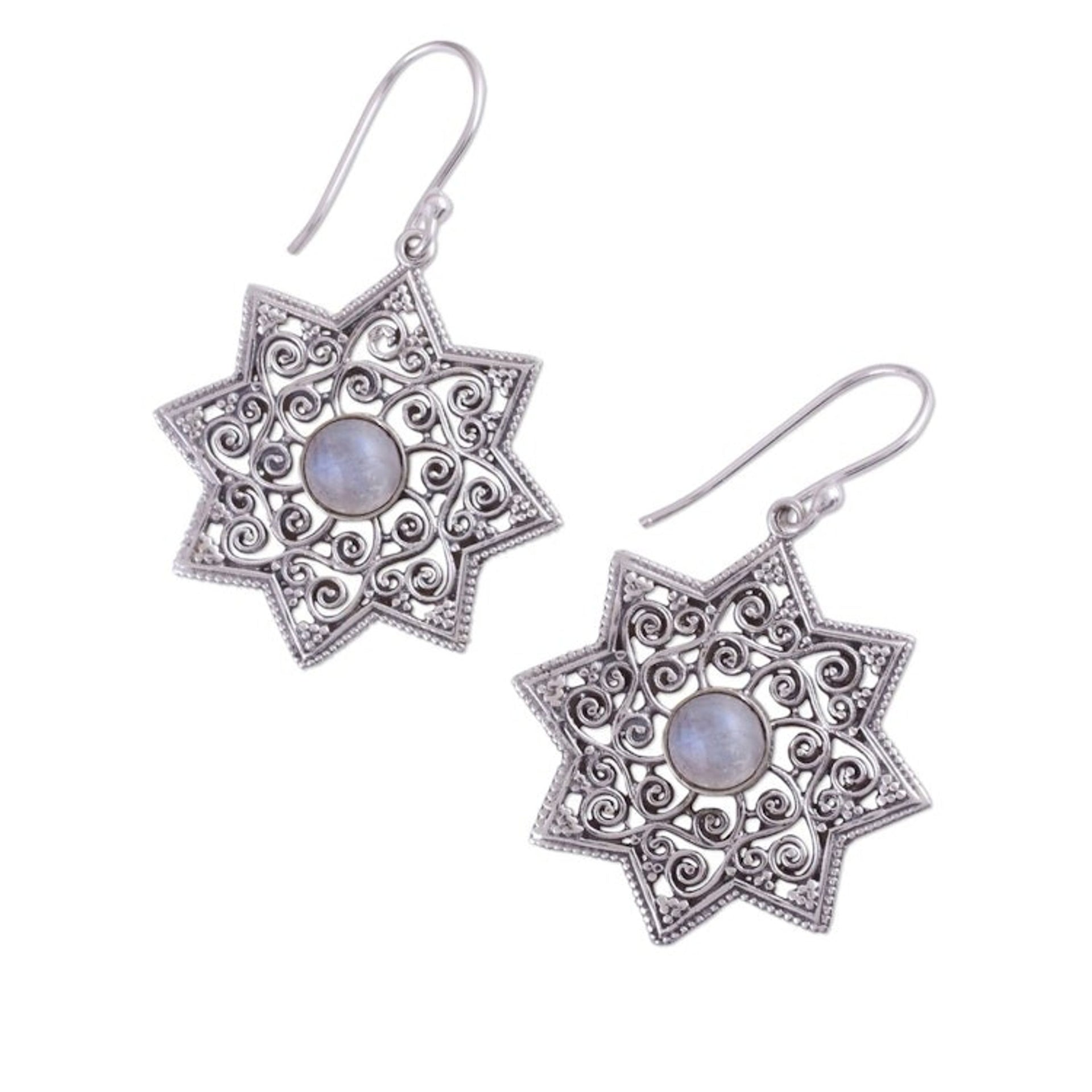 Indian Rainbow Moonstone Dangle Earrings in Star Shapes 'Mughal Stars'