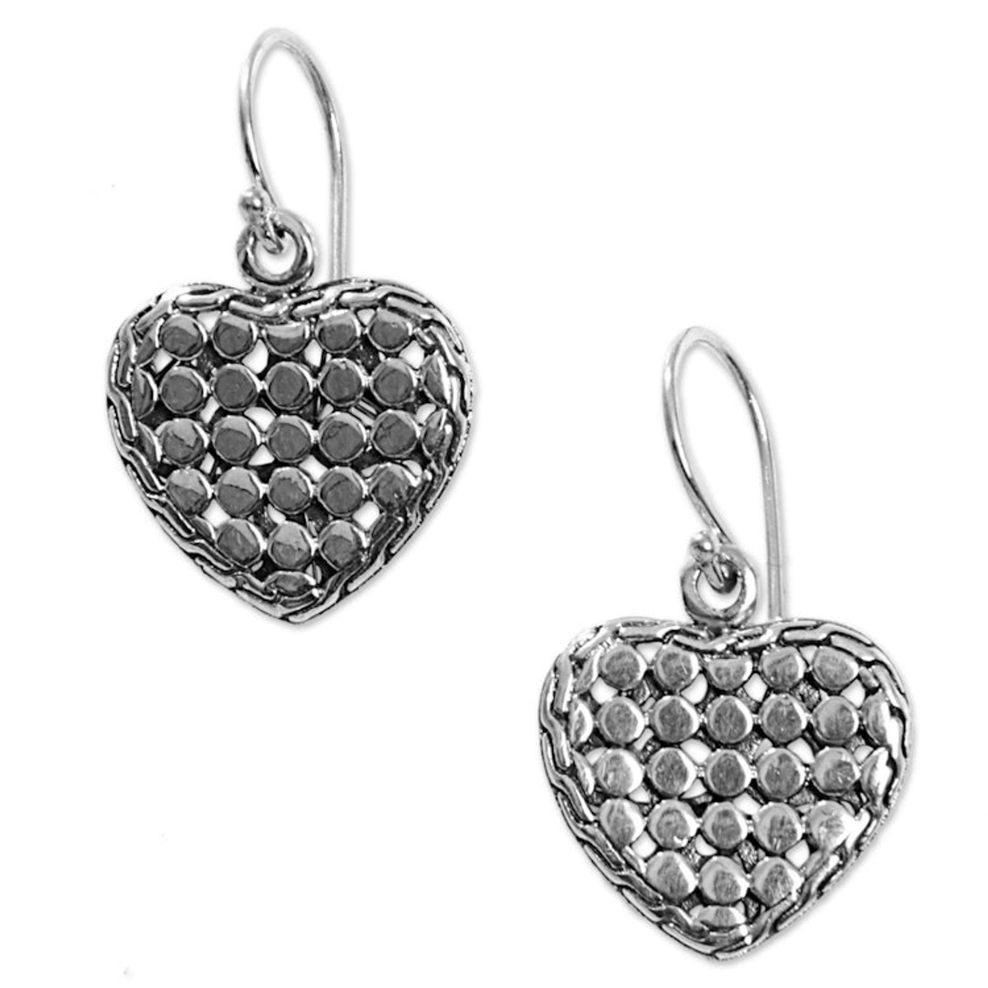 Sterling Silver Heart Dangle Earrings Handmade in Indonesia 'Heart of Steel'