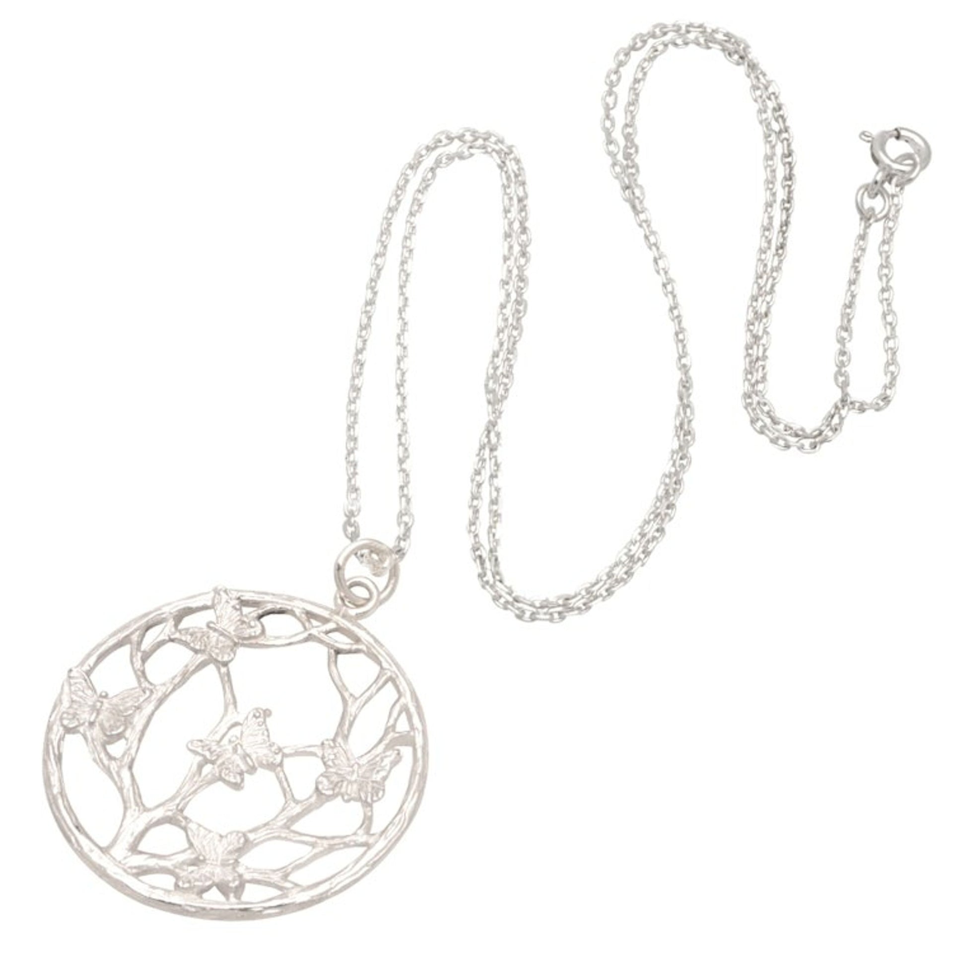 Sterling Silver Round Pendant Necklace with Butterfly Motifs 'Harmonious Hope'