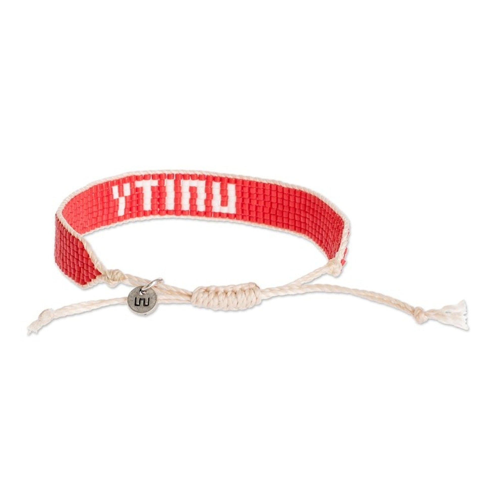 Red and White Glass Beaded Woven Bracelet with Sliding Knot 'Unity in Red'