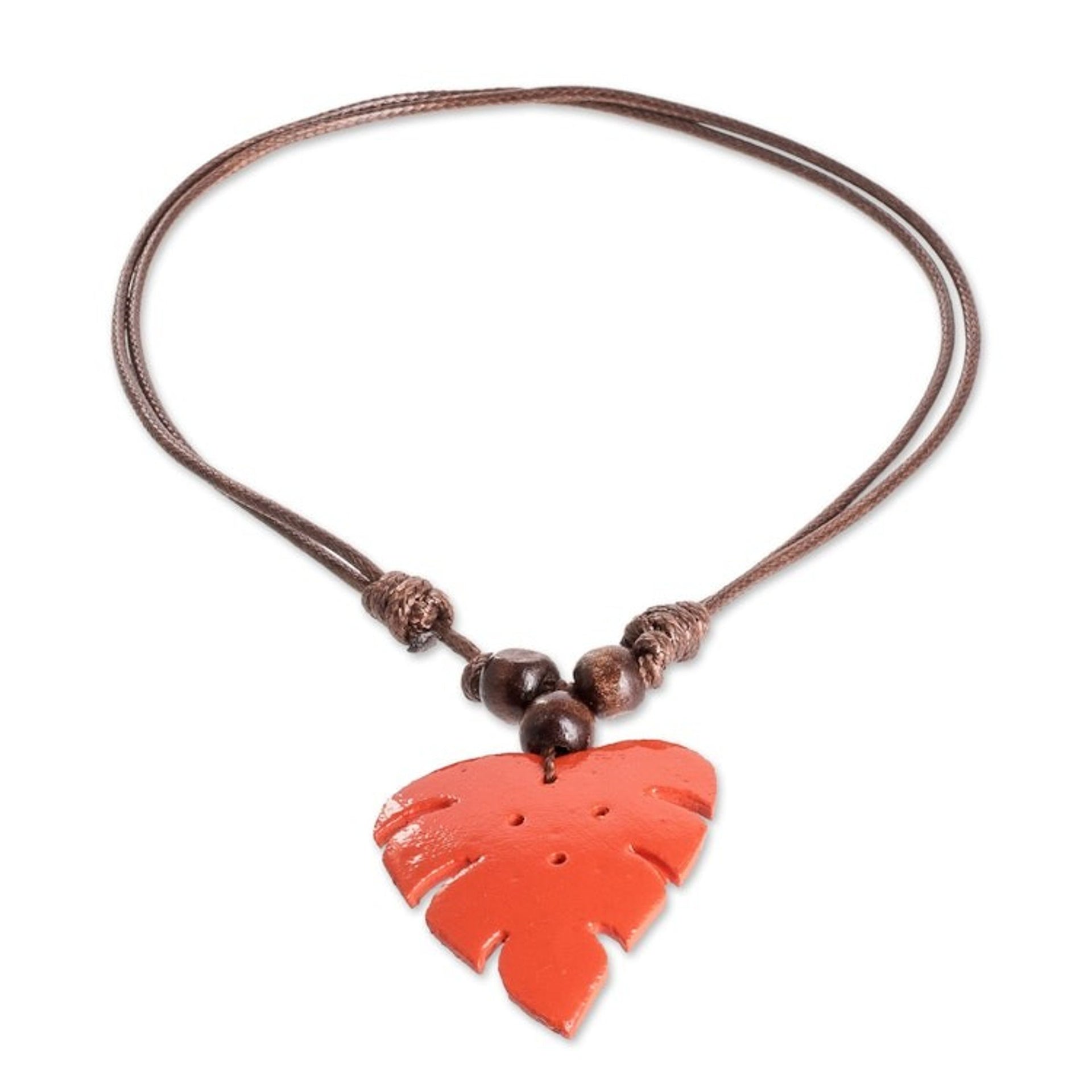 Leafy Red Calabash Gourd Pendant Necklace with Wood Beads 'Jungle Red'