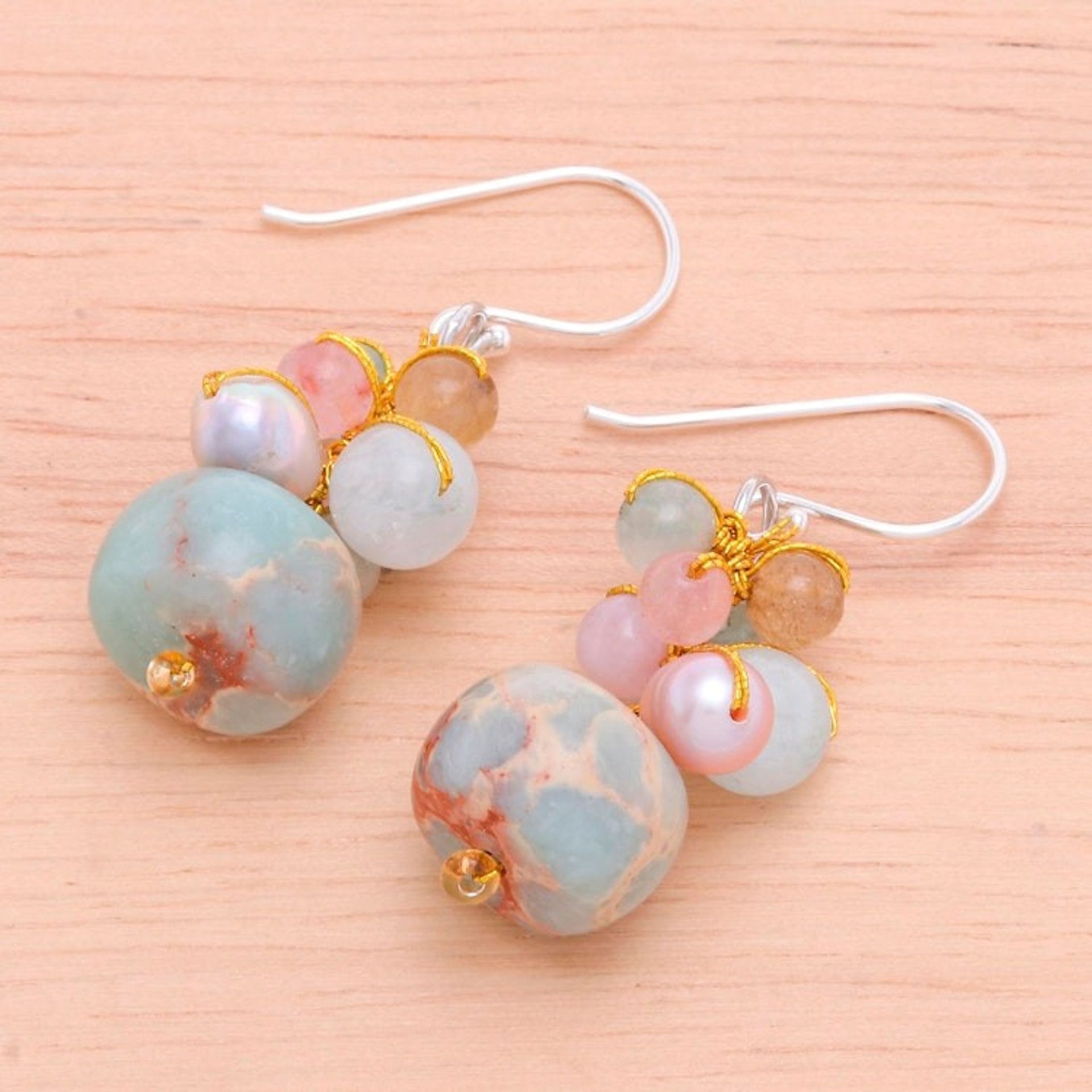 Jasper Cultured Pearl and Quartz Beaded and Hooked Earrings 'Cave Treasures'