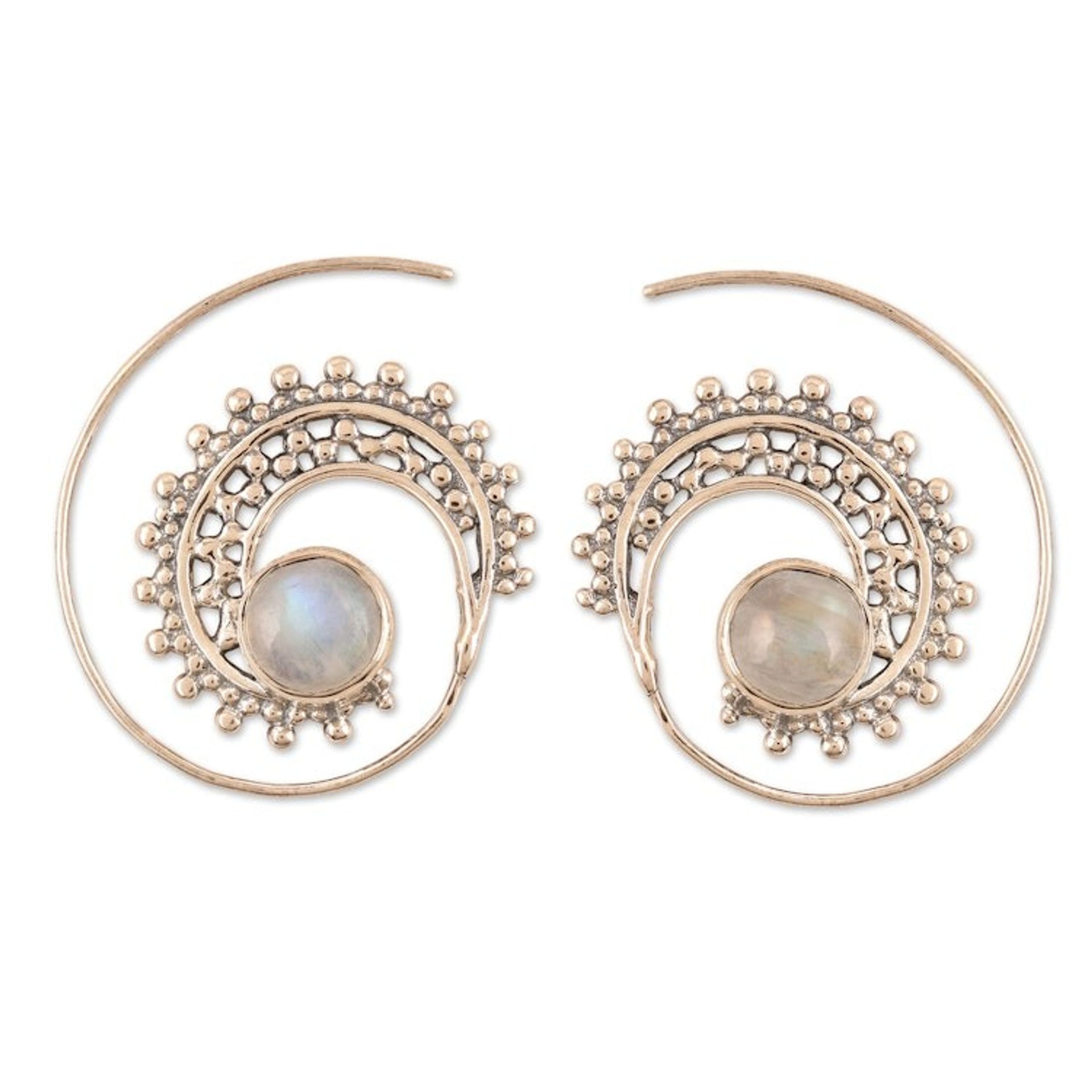 Sterling Silver Hoop Earrings with Rainbow Moonstones 'Indian Swirl'