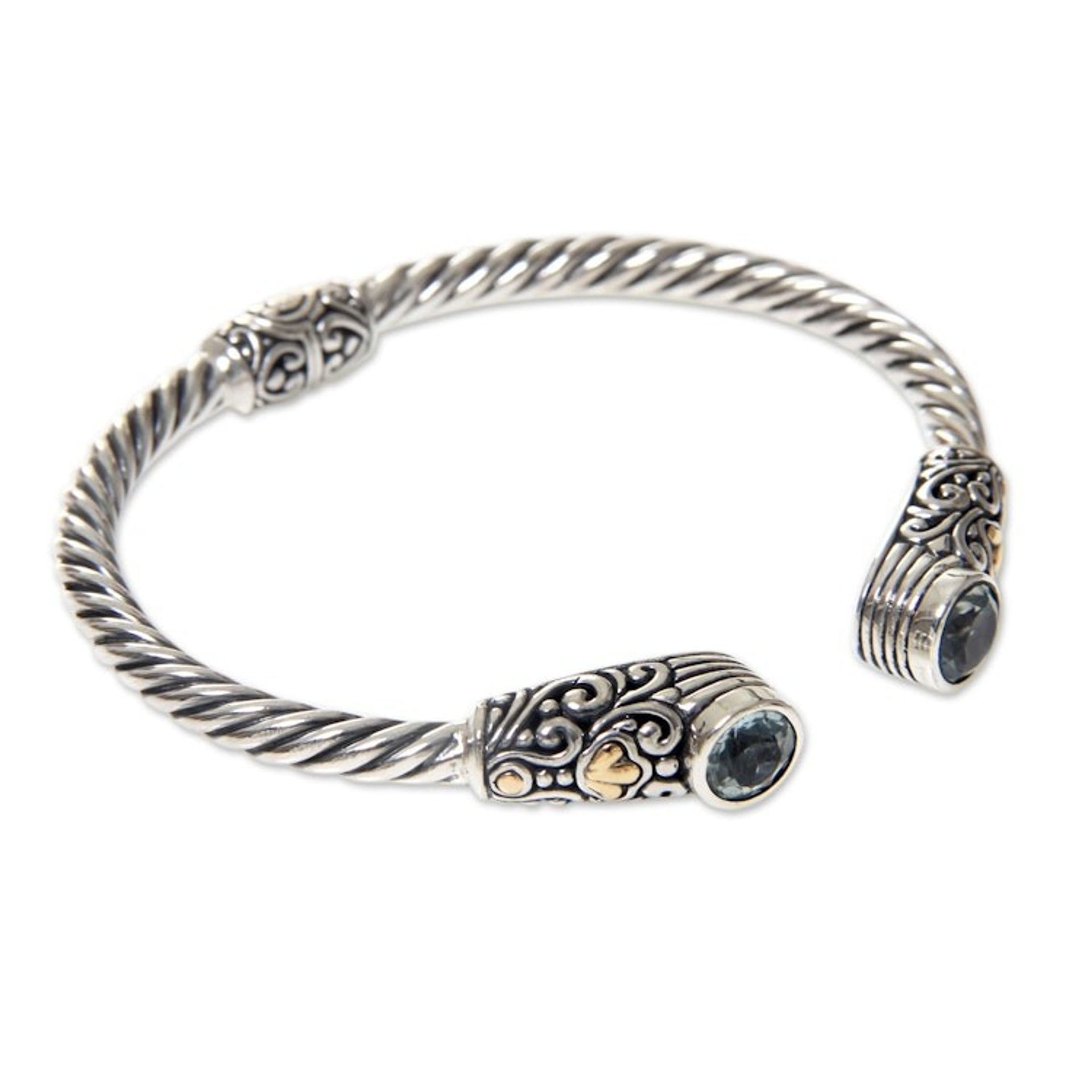 Sterling Silver Hinged Cuff Bracelet with Blue Topaz 'Sukawati Secret'