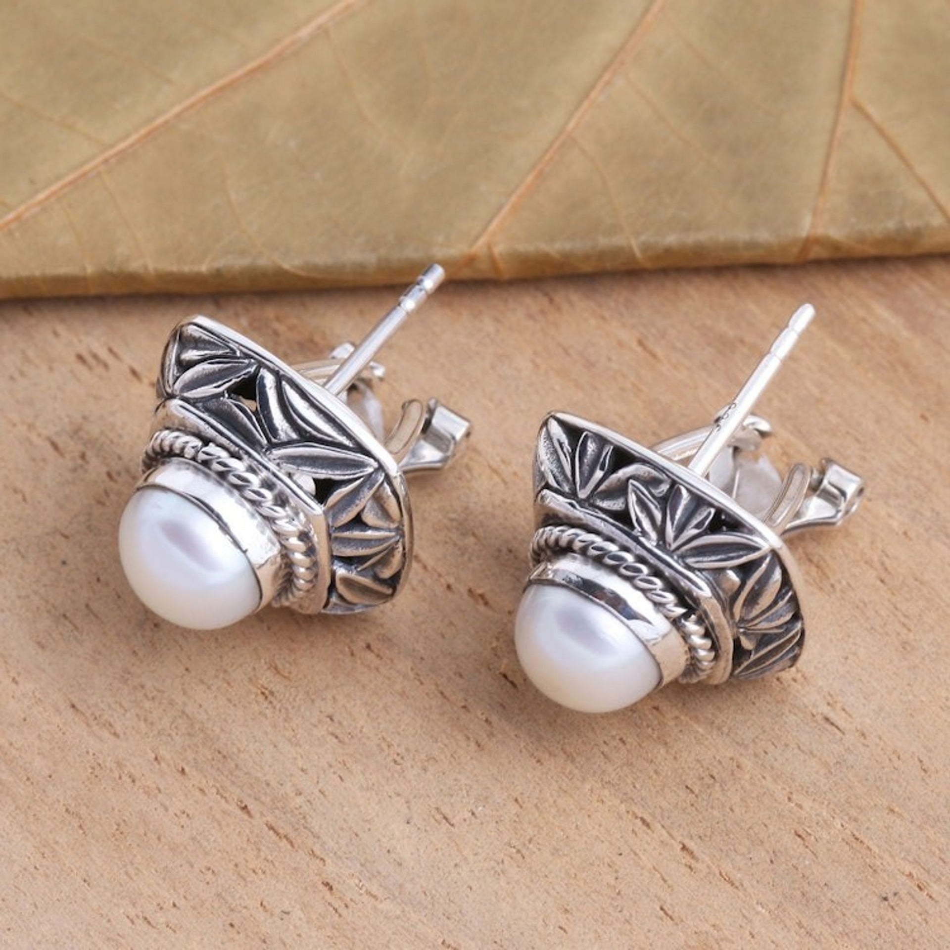 Cultured Pearl and Sterling Silver Button Earrings 'Leaves of Bamboo in White'
