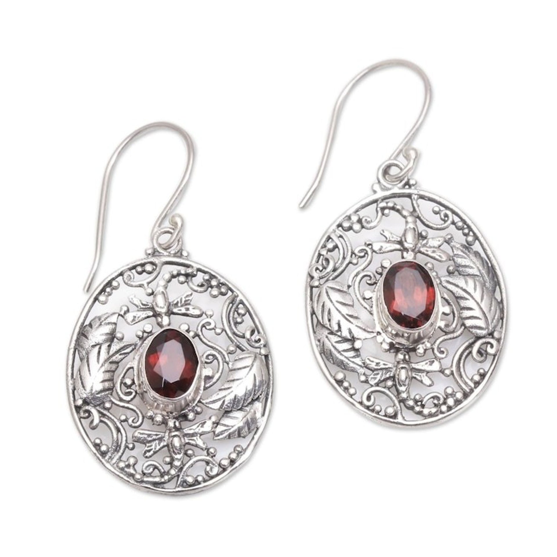 Dragonfly-Themed Garnet Dangle Earrings from Bali 'Oval Dragonfly World'