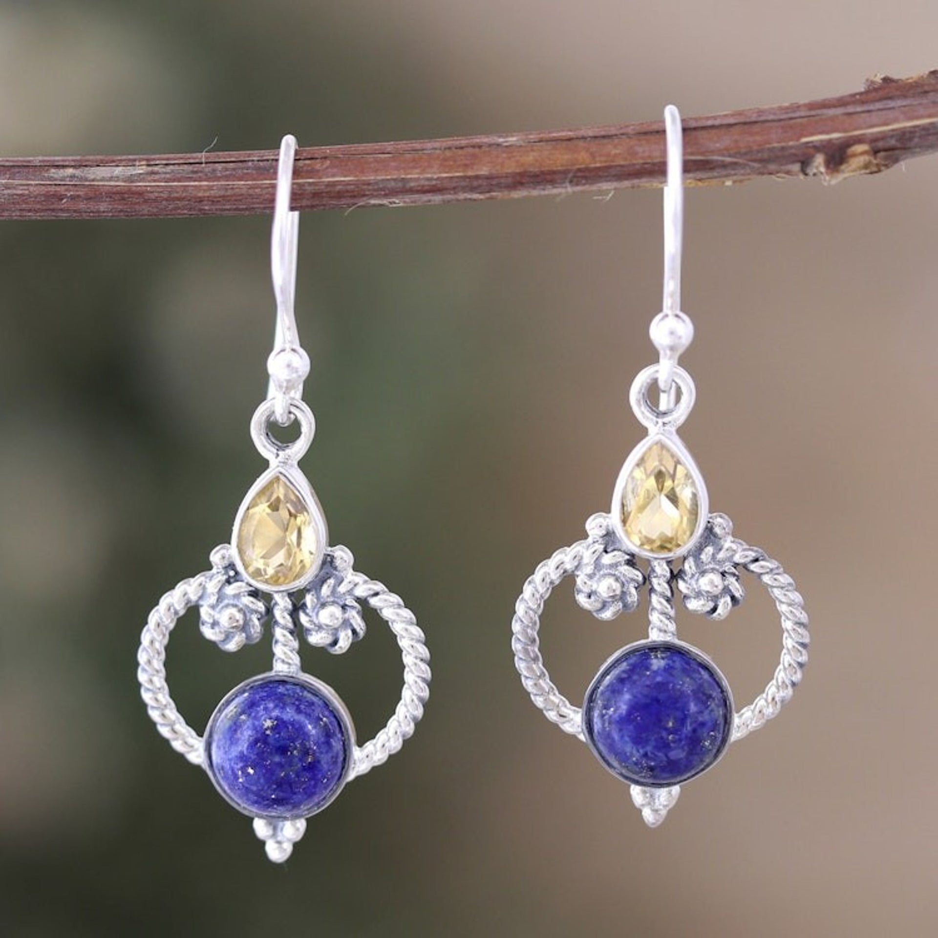 Polished Dangle Earrings with Lapis Lazuli and Citrine Gems 'Royal Mansion'