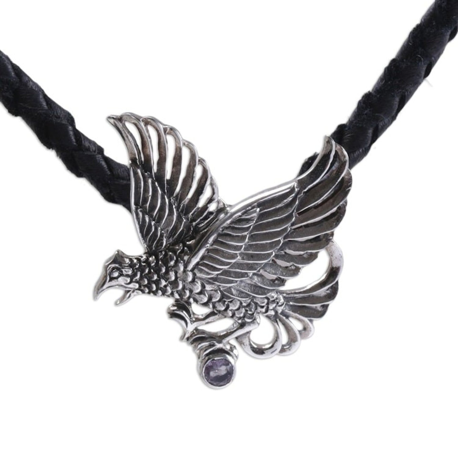 Men's Sterling Silver and Leather Pendant Necklace 'Silver Hawk'