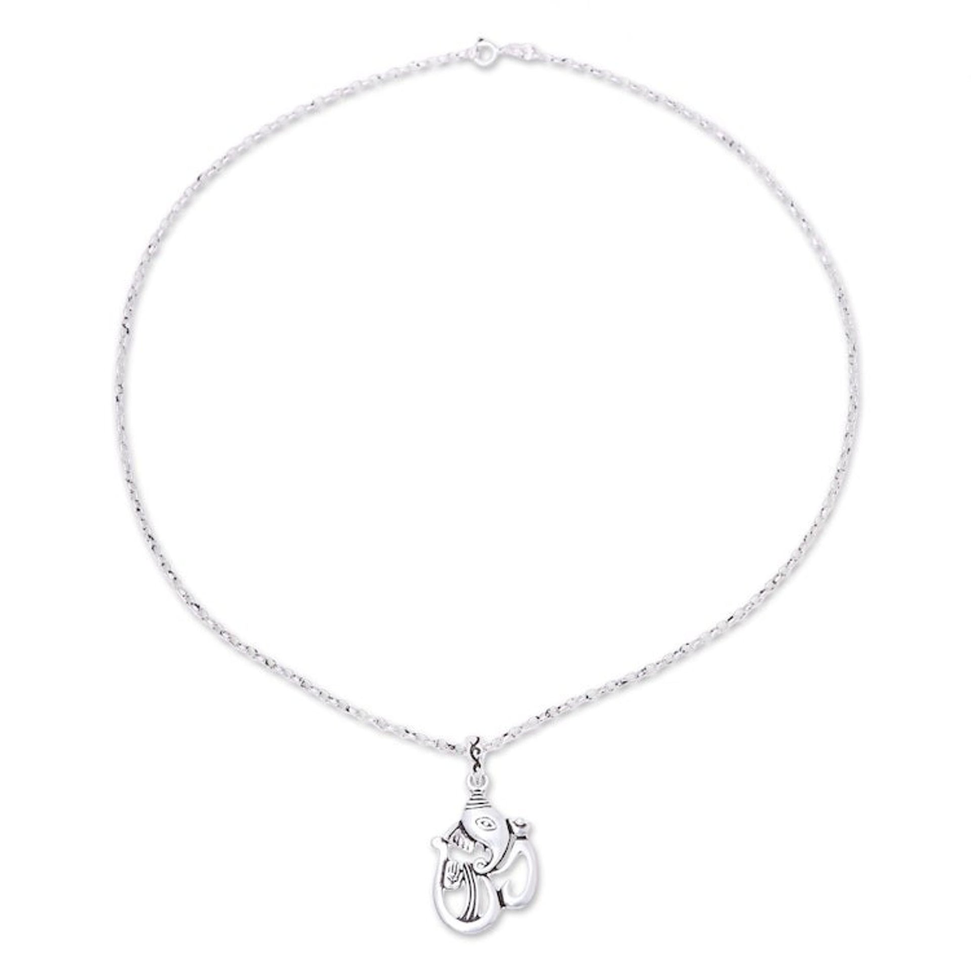 Sterling Silver Ganesha as Om Pendant Necklace from India 'Artistic Om Ganesha'