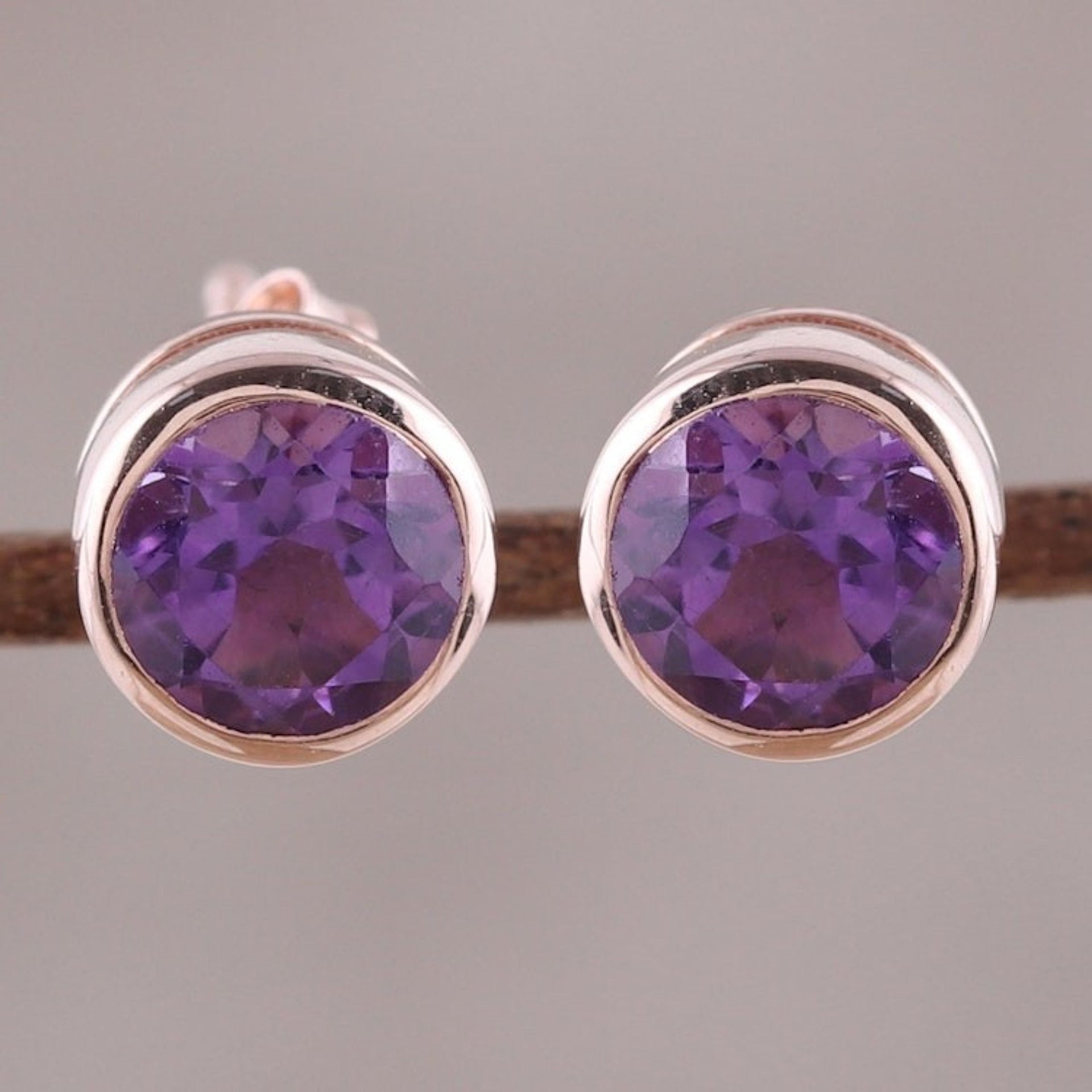 22k Rose Gold Plated Faceted Amethyst Stud Earrings 'Sparkling World'