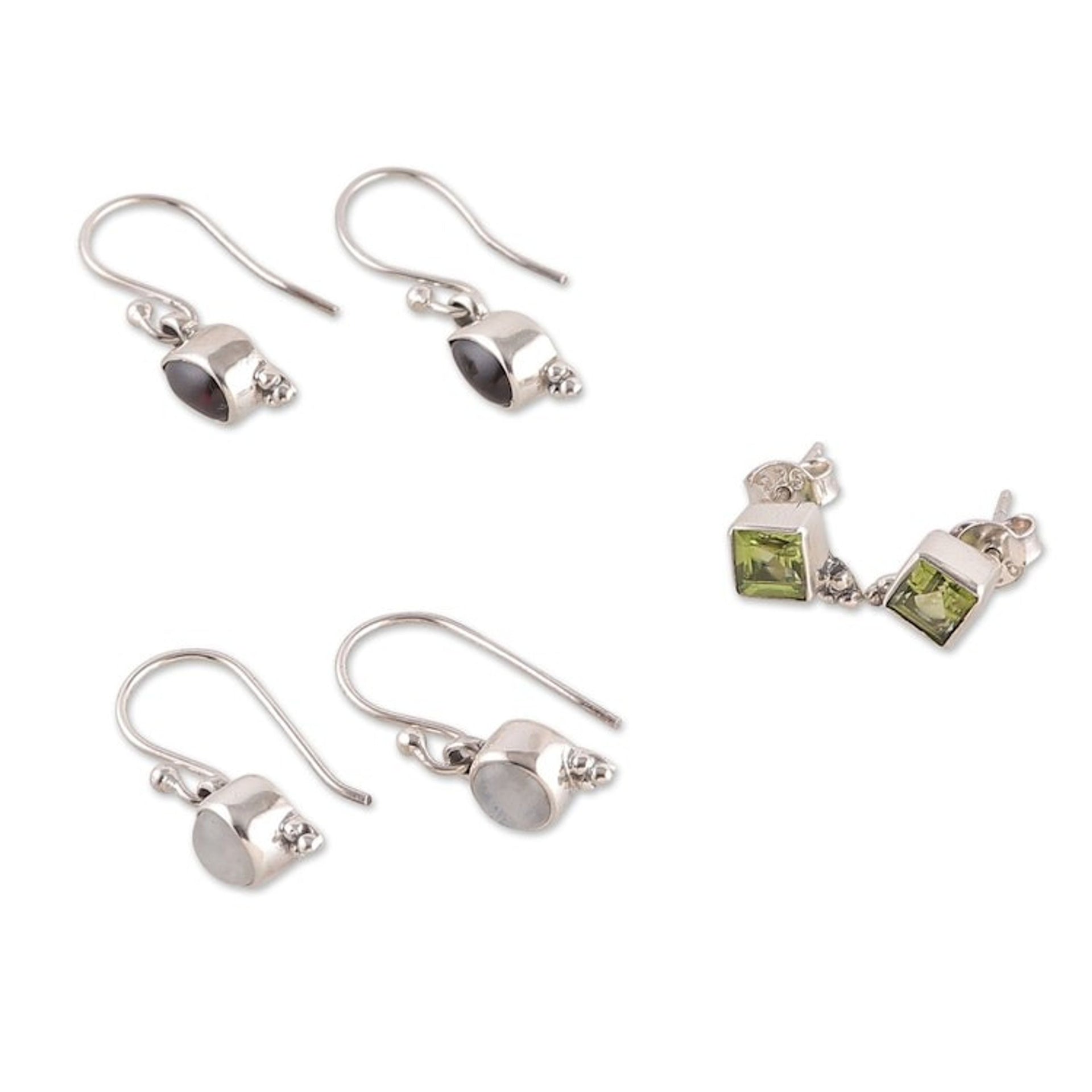 Set of 3 Peridot, Garnet and Rainbow Moonstone Earrings 'Triple Seduction'