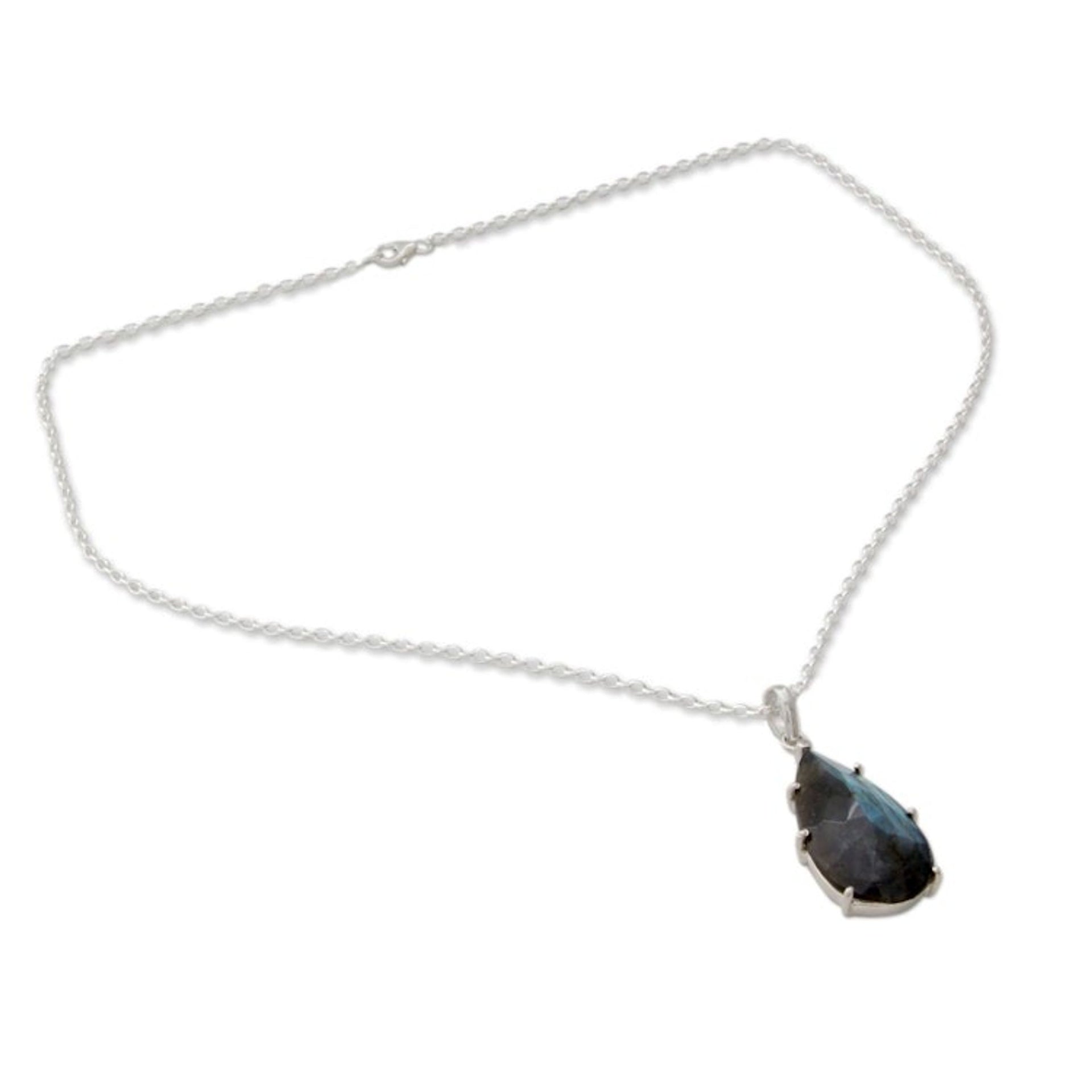 Fair Trade Labradorite and Sterling Silver Pendant Necklace 'Dusky Droplet'