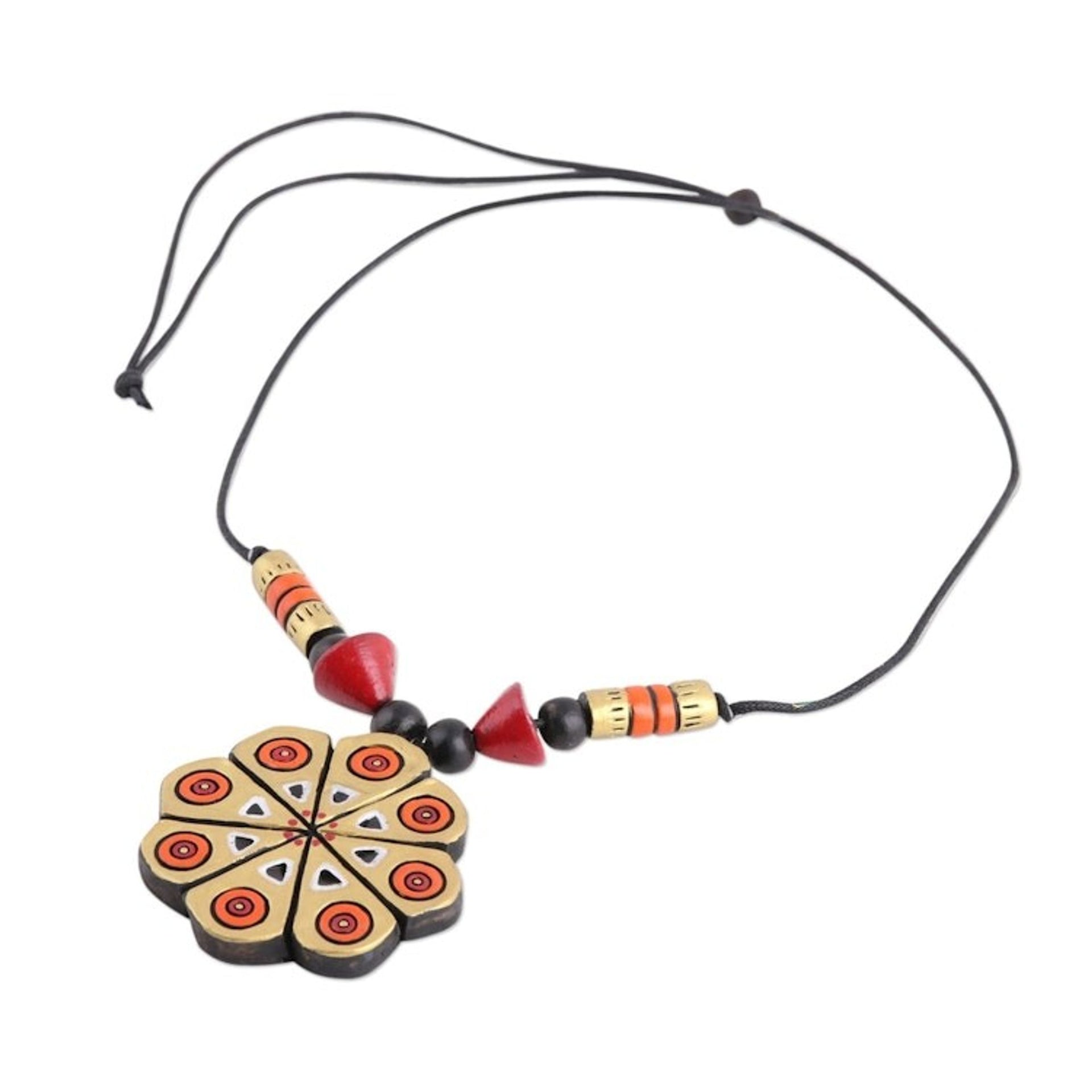 Hand Crafted Ceramic Pendant Necklace from India 'Golden Floral Abstraction'