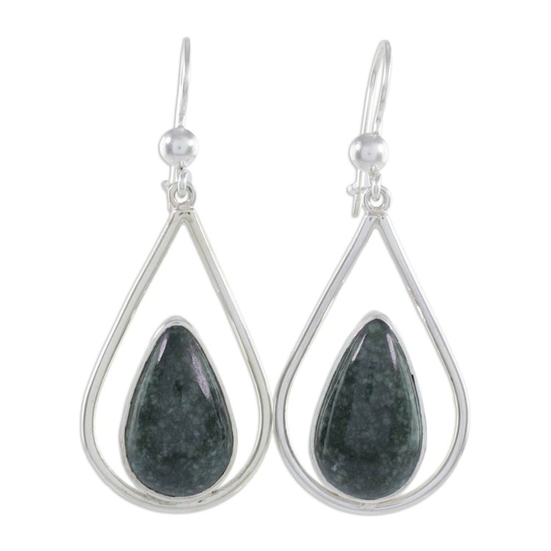 Sterling Silver Teardrop Earrings with Dark Green Jade 'Dark Green Droplet of Life'