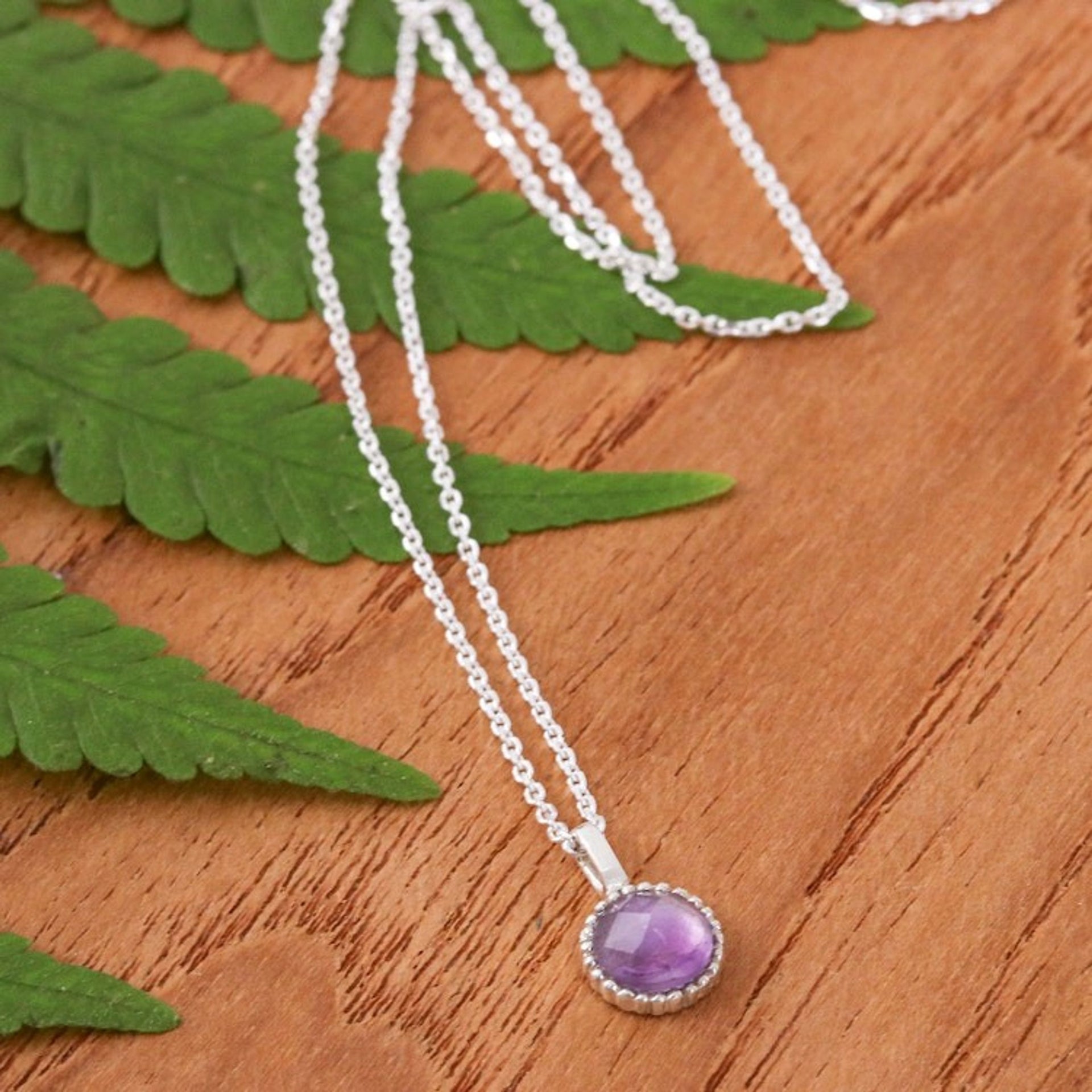 Silver Pendant Necklace with Round Faceted Amethyst Gem 'Radiant Purple'