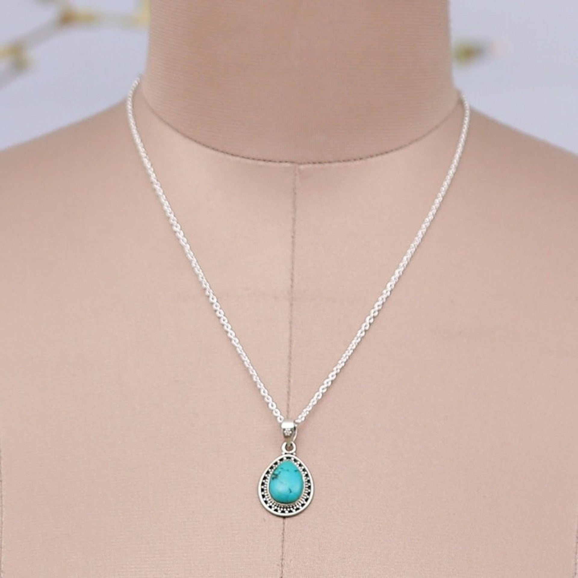 Silver Pendant Necklace with Drop Reconstituted Turquoise 'Azure Drop'