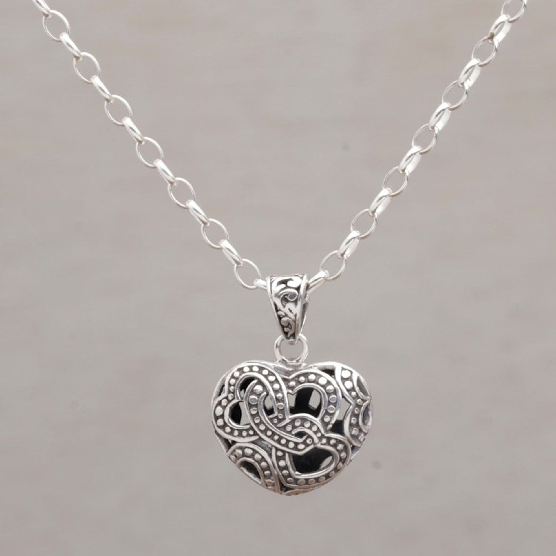 Sterling Silver Openwork Heart Necklace from Bali 'Embraced by Love'