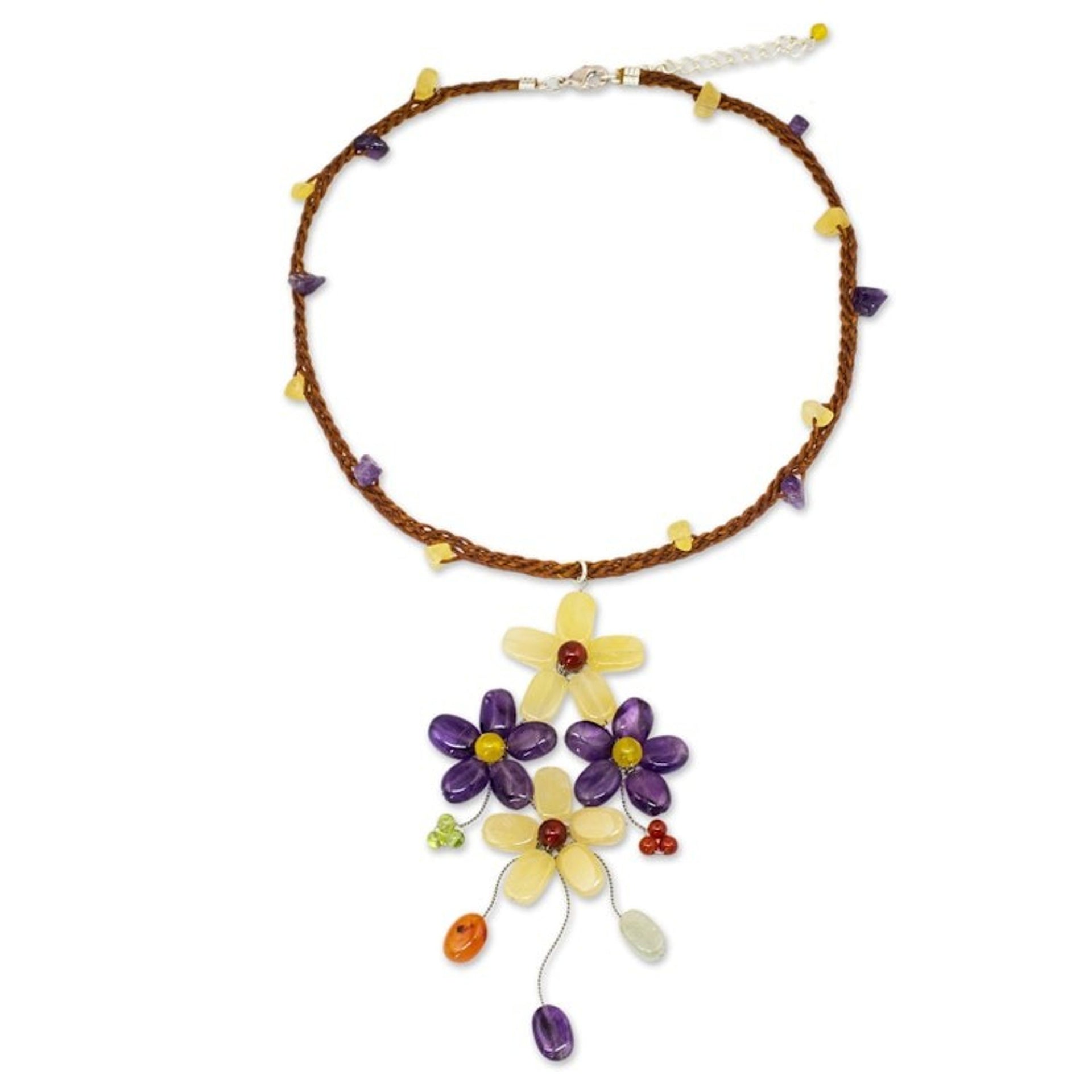 Artisan Crafted Multi-gemstone Flower Necklace 'Twilight Bouquet'