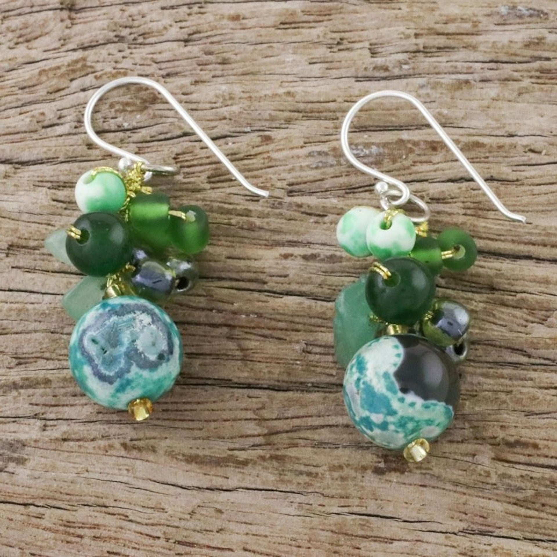 Green Quartz and Glass Bead Dangle Earrings from Thailand 'Lovely Blend in Green'