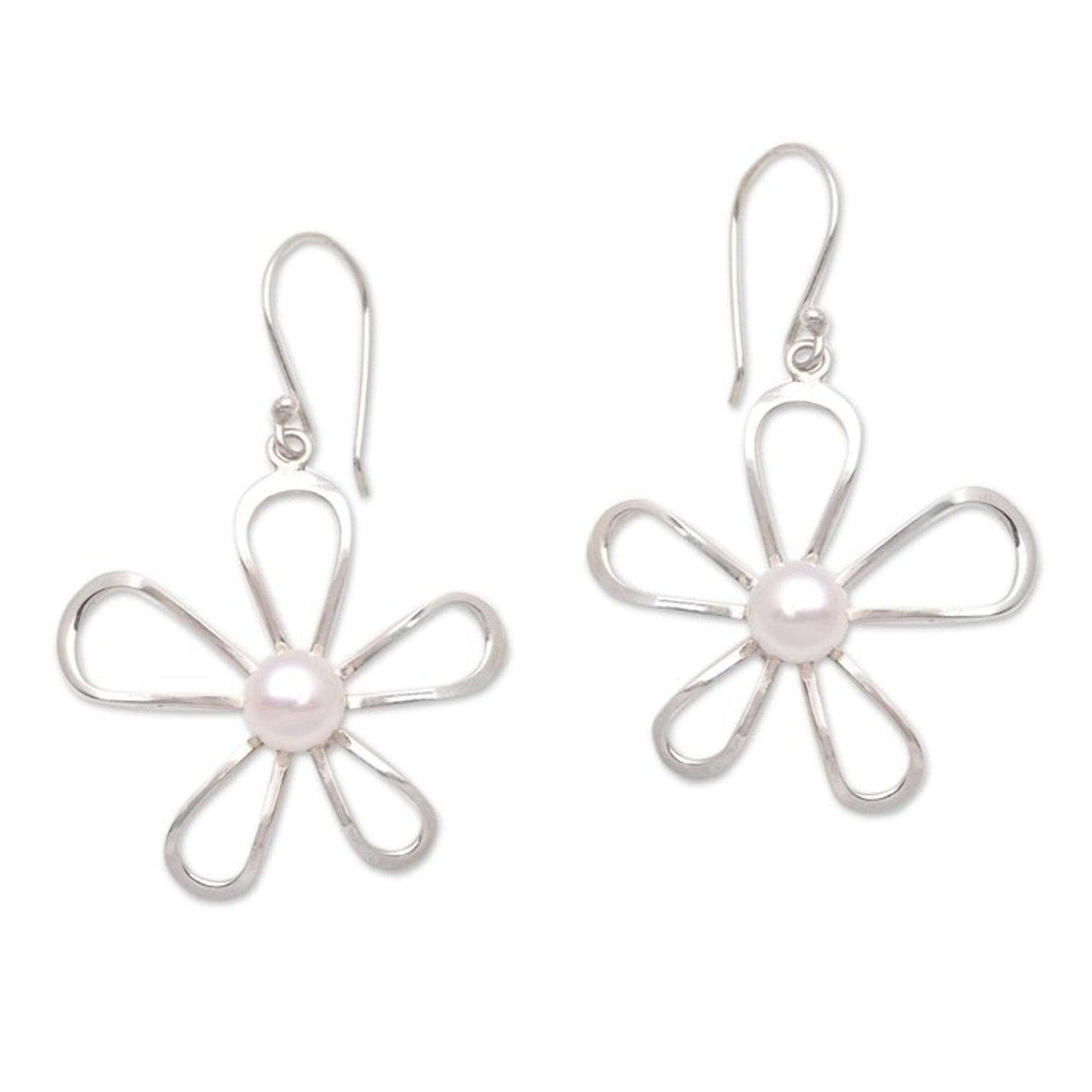 Floral Cultured Pearl Dangle Earrings Crafted in Bali 'Flower's Center'